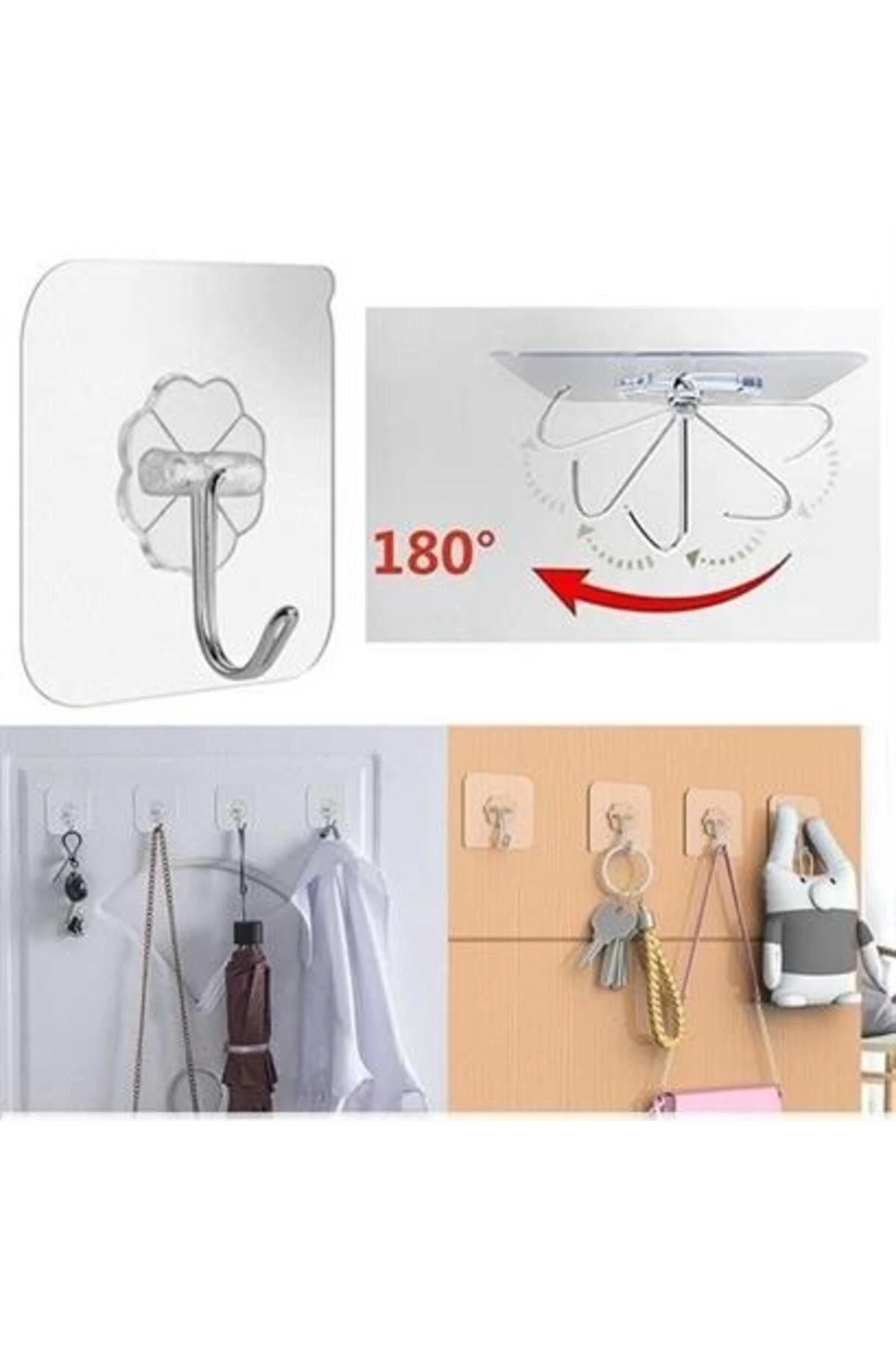 Süper Güçlü Yapışkanlı Suya Dayanıklı Şeffaf Askı 5li Set Yeniden Kullanılabilir Kancalar