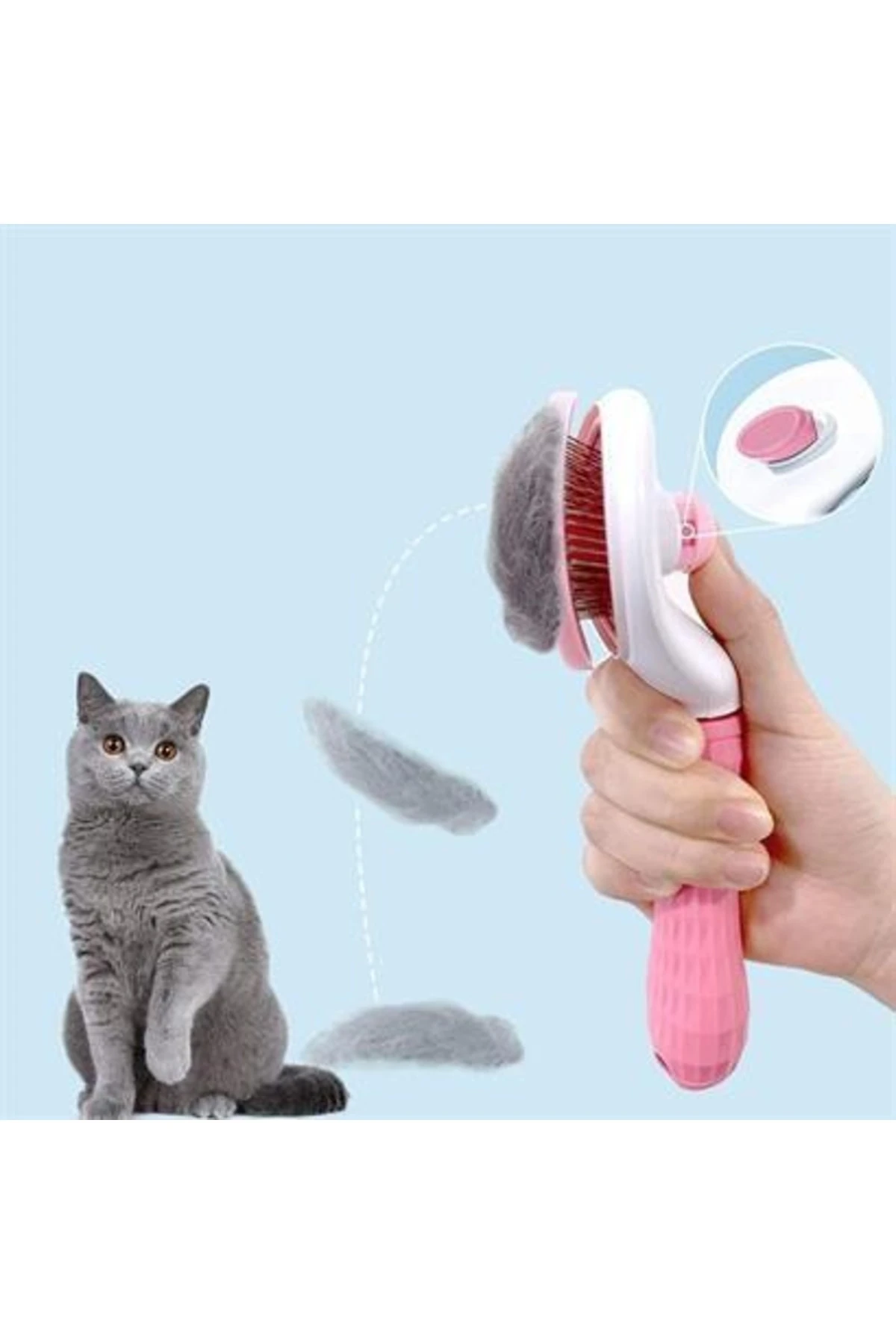 Kedi Köpek Tüy Toplayıcı Kendini Temizleyebilen Ergonomik Saplı Evcil Hayvan Tarağı Pembe