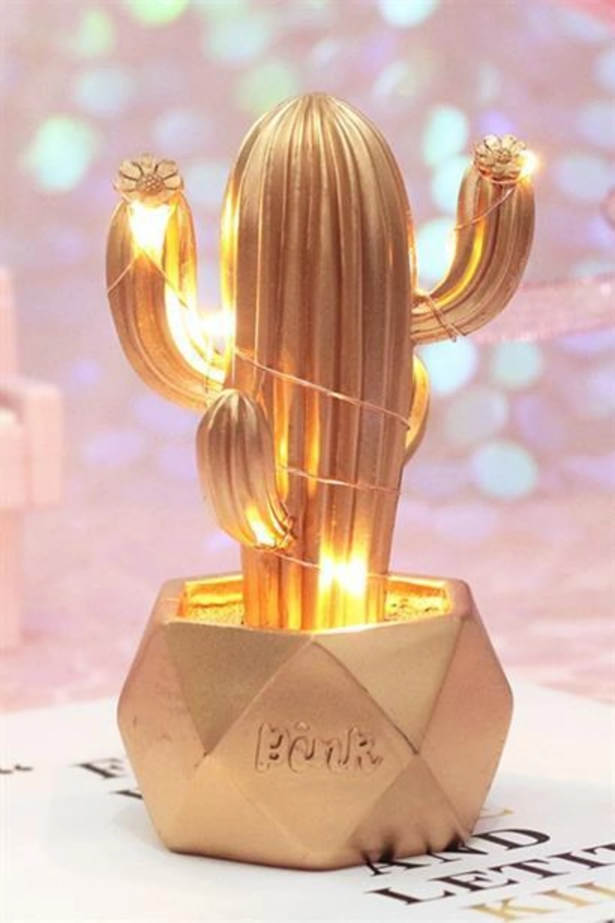 roichil® Led Işıklı Sevimli Kaktüs Dekoratif Masa Lambası Mini Biblo Gece Lambası-gold