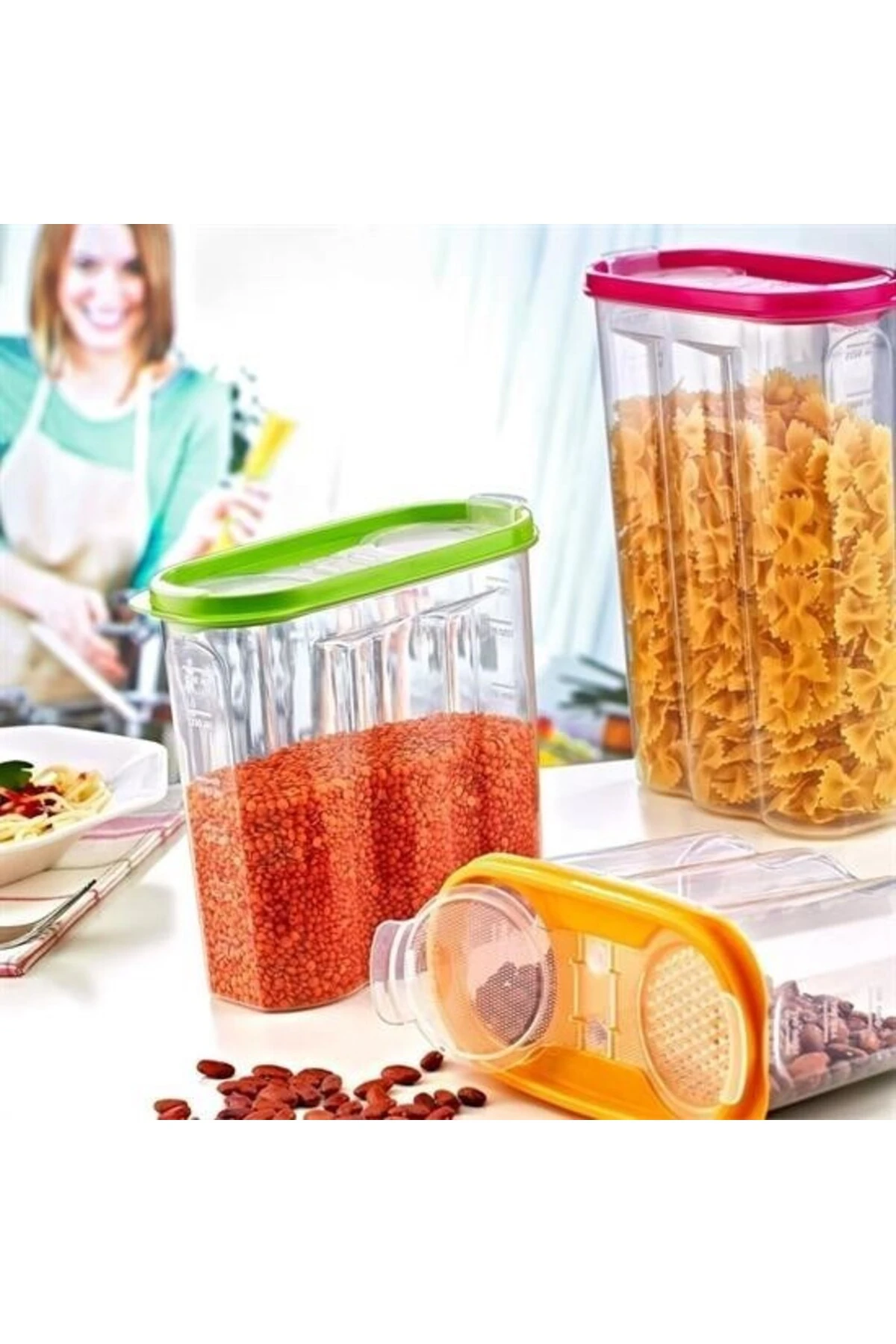 ® 2 Kapaklı Ölçekli Erzak Kuru Gıda Saklama Kutusu Kabı - 1,7 Litre - SA935