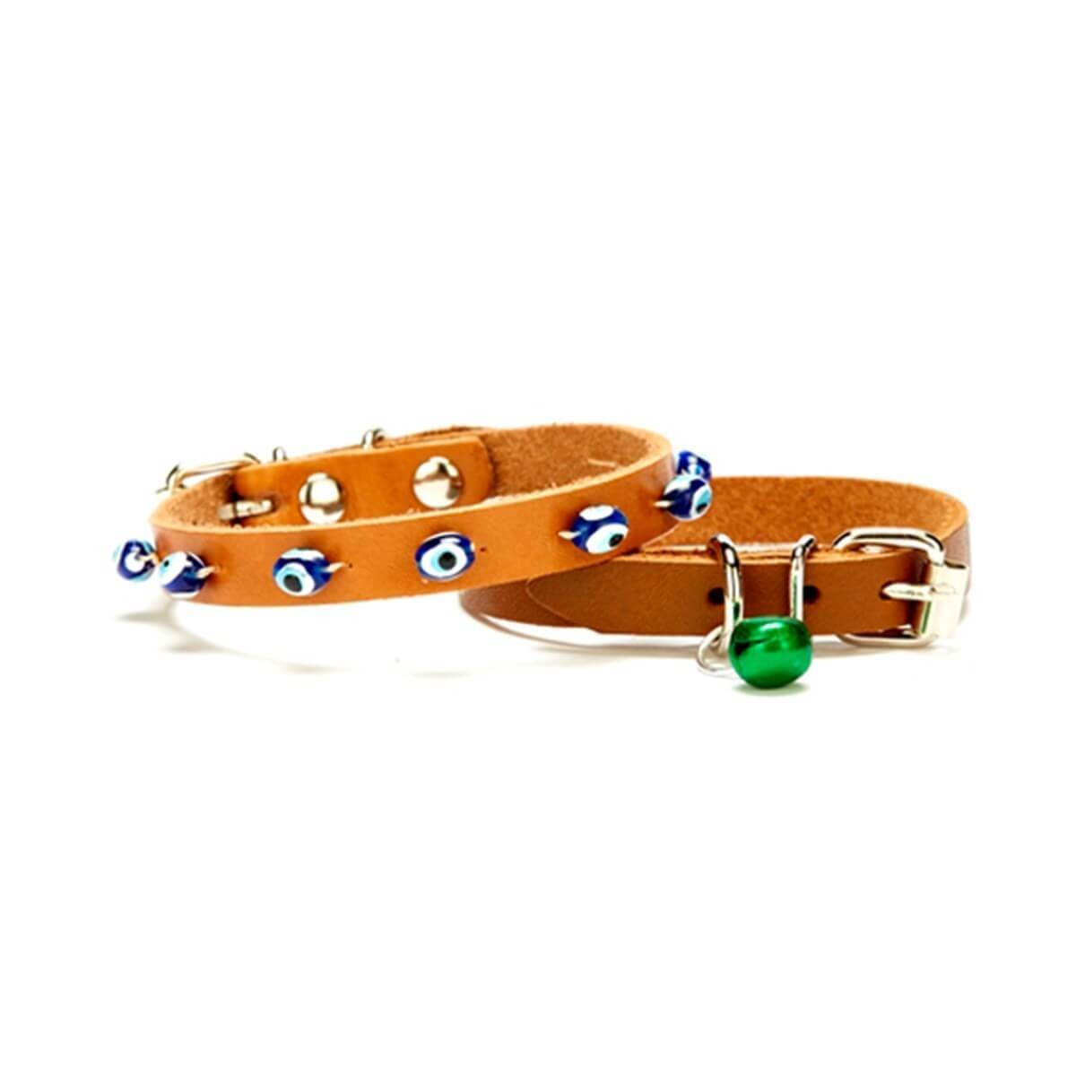 Doggie Nazar Boncuklu Deri Kedi Tasması 1x21-25cm Karamel