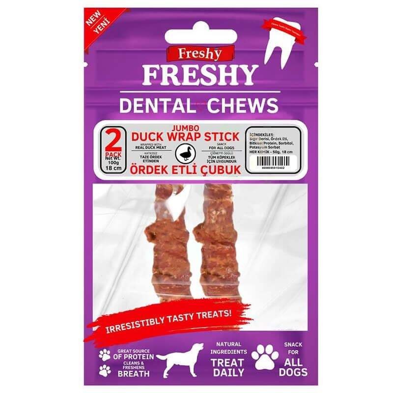 Freshy Dental Chews Duck Wrap Stick Ördek Sarılı Jumbo Çubuk Köpek Ödülü 100 gr 2 Adet 18 Cm