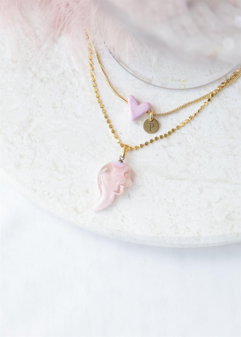 Murano kalp(harfli) - pembe kanat kolye