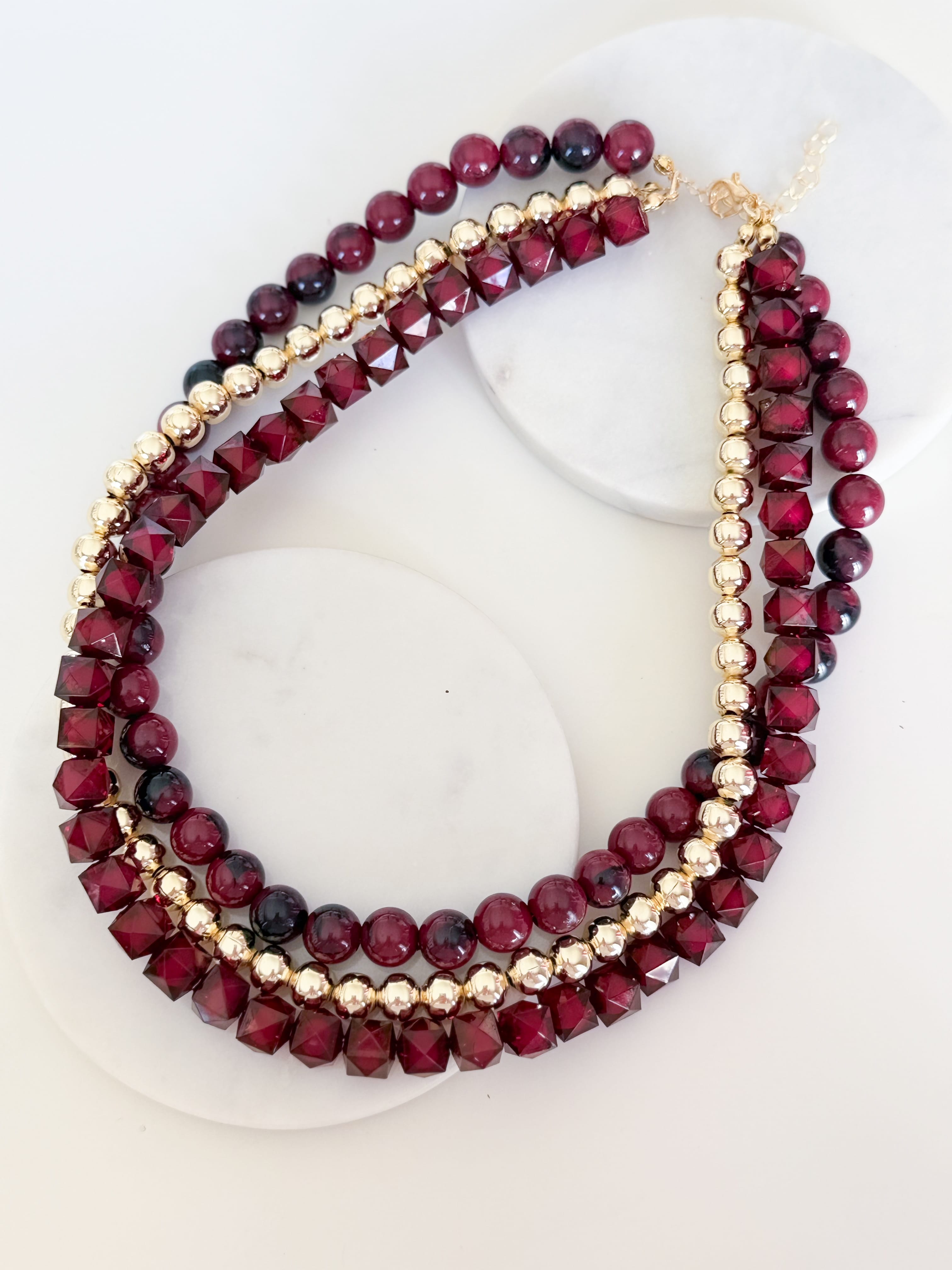 BONCUK-TOPÇUK 3LÜ KOLYE - bordo