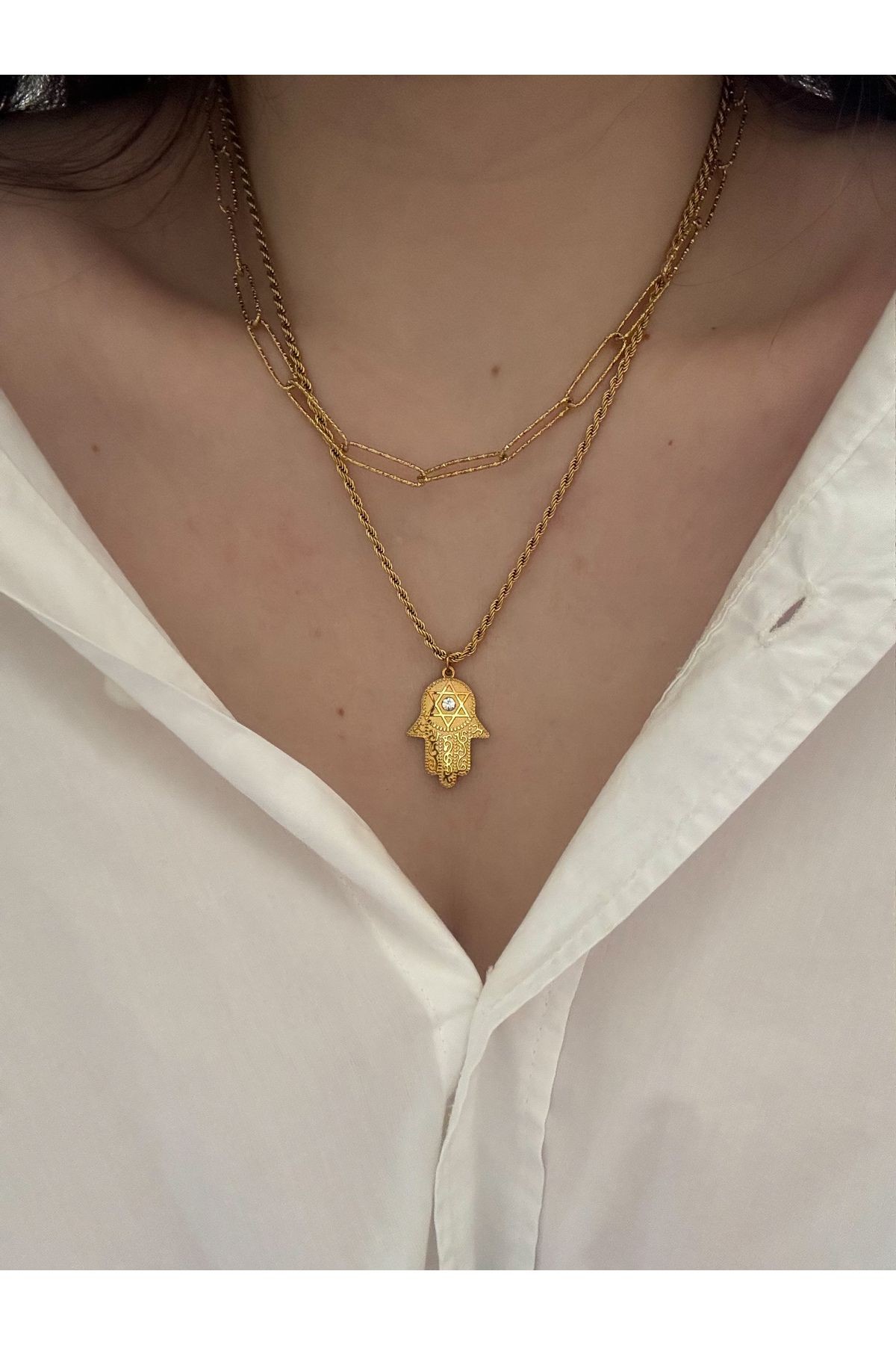 ÇELİK HAMSA 2Lİ KOLYE