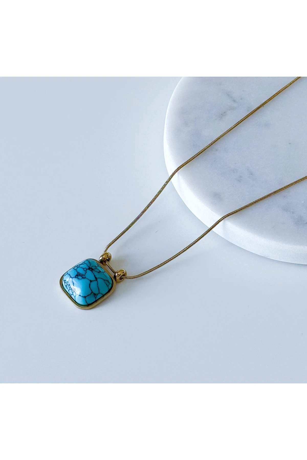 ÇELİK KARE TURKUAZ VİNTAGE KOLYE