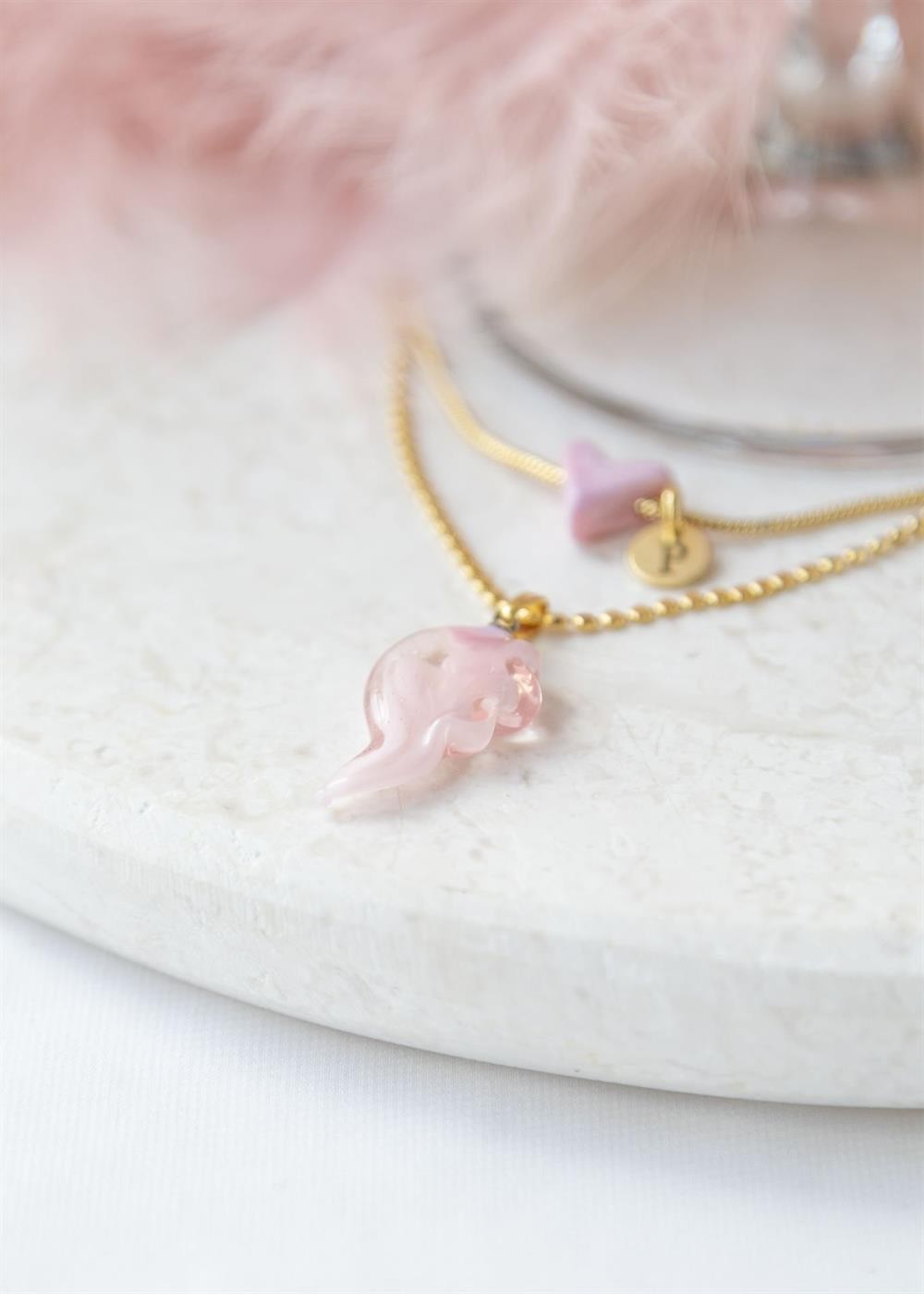 Murano kalp(harfli) - pembe kanat kolye