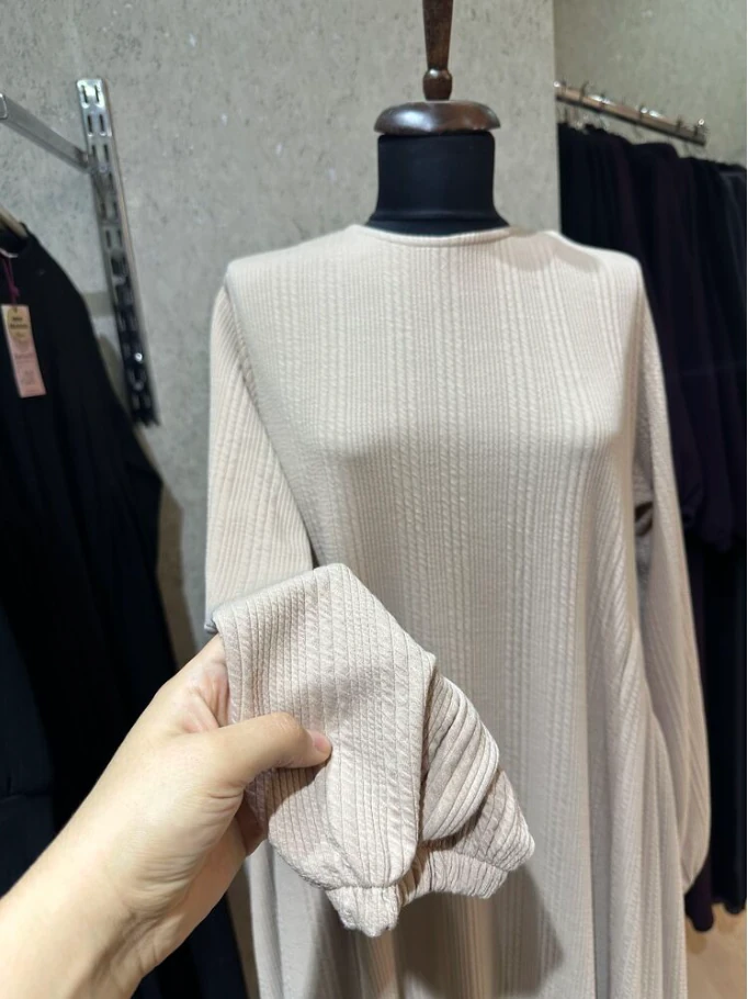 Triko Örme Tesettür Elbise - Bej