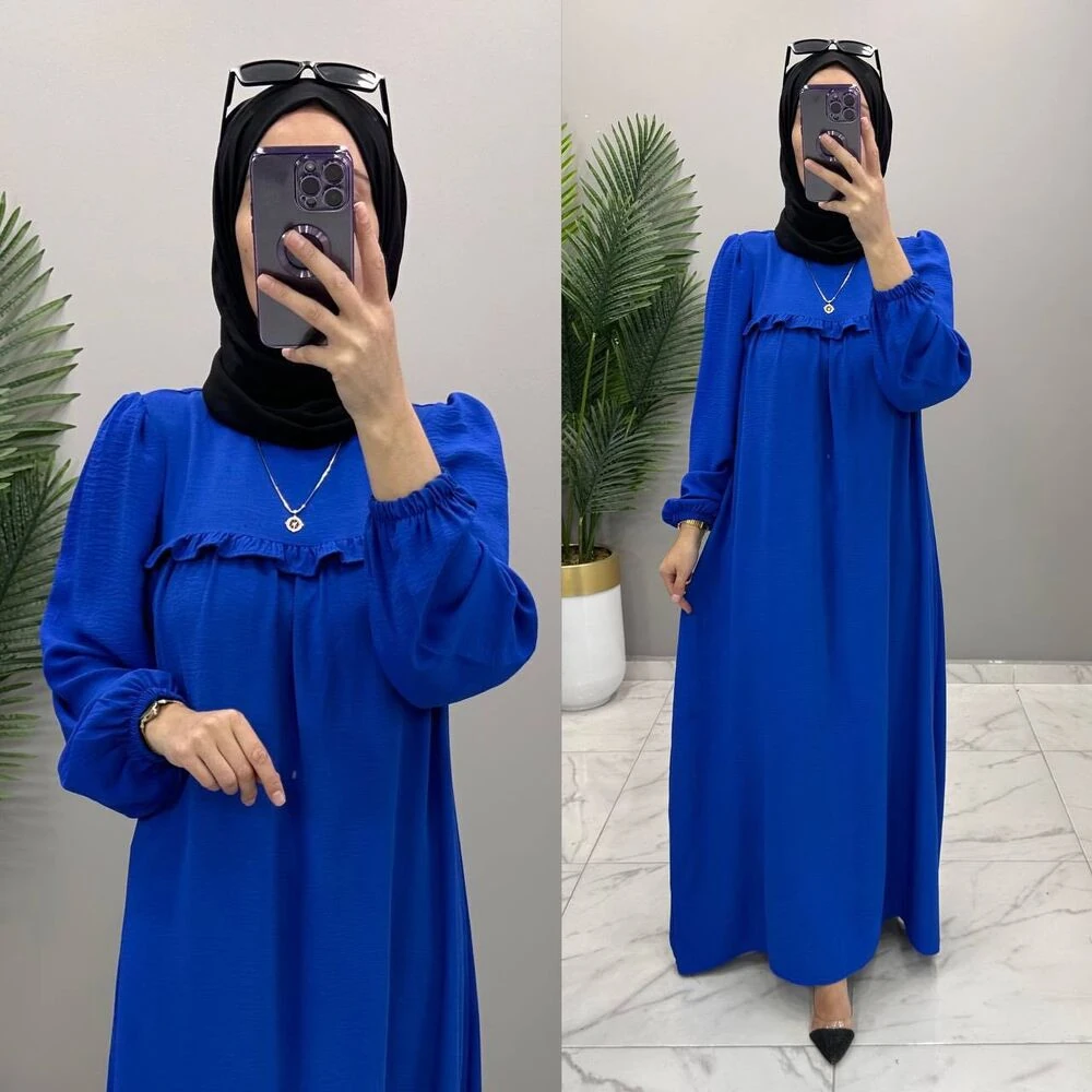 Robası Fırfırlı Elbise - Mavi