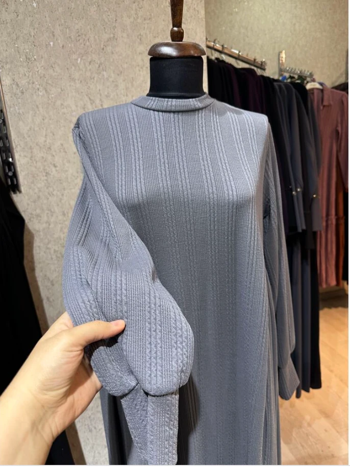 Triko Örme Tesettür Elbise - Gri