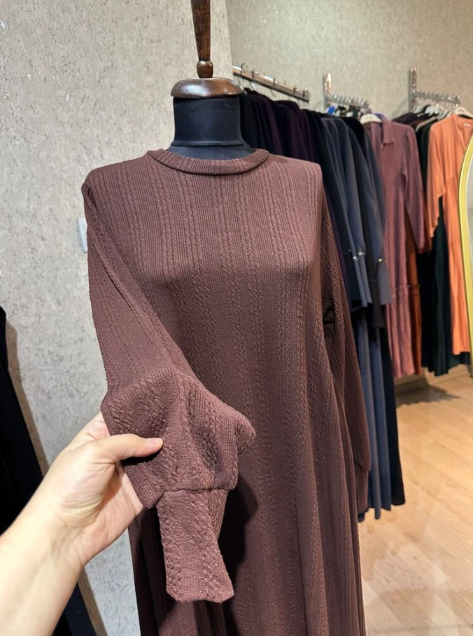 Triko Örme Tesettür Elbise - Kahverengi