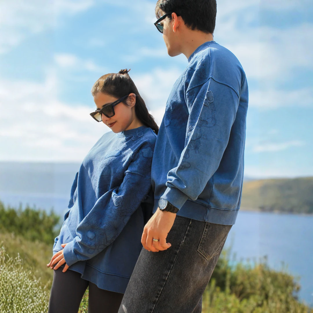 Nakışlı Mavi Sweatshirt