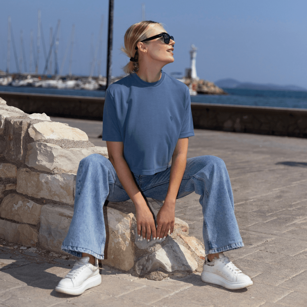 İndigo Mavi Kadın Crop T-Shirt