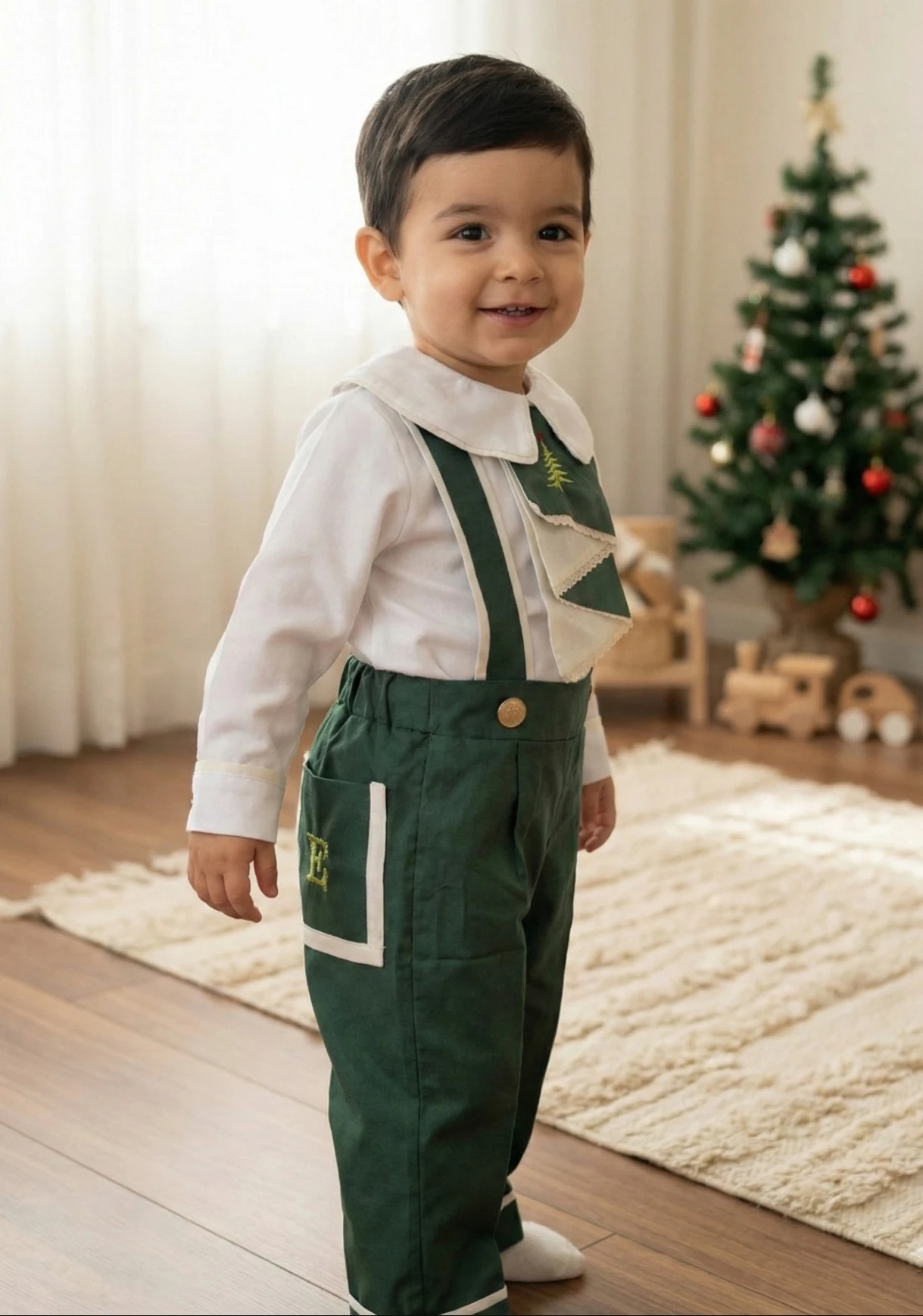 yeşil arka cep nakışlı noel takım 1 yaş 