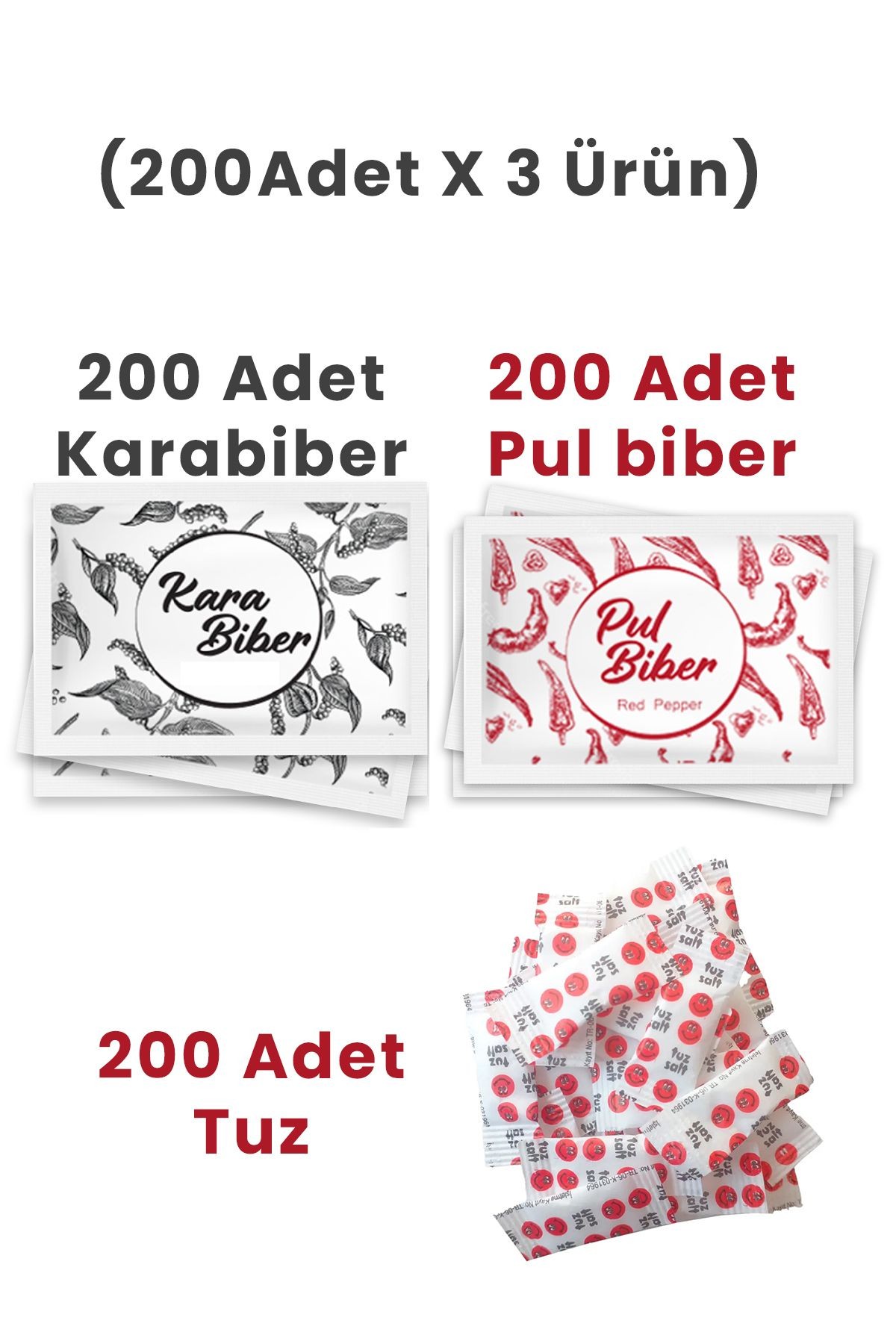 (Toplam 600 Adet) Tek kullanımlık Pulbiber 200 - Karabiber 200 - Tuz 200 Adet