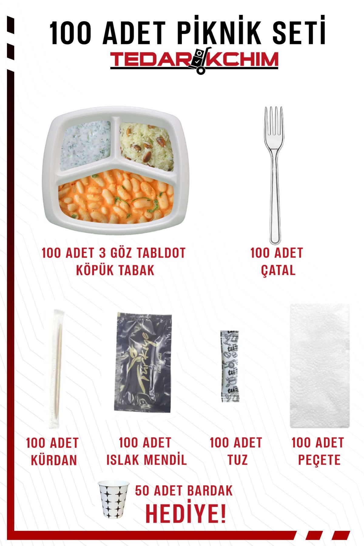 3 Gözlü Köpük Tabak Çatal Islak Mendil Peçete Tuz Kürdan Piknik Seti (100 Adet) HEDİYELİ