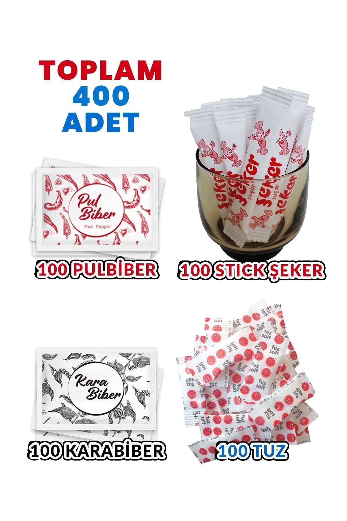 (Toplam 400 Adet) Tek kullanımlık Pulbiber 100 - Karabiber 100 - Stick Şeker 100 - Tuz 100 Adet