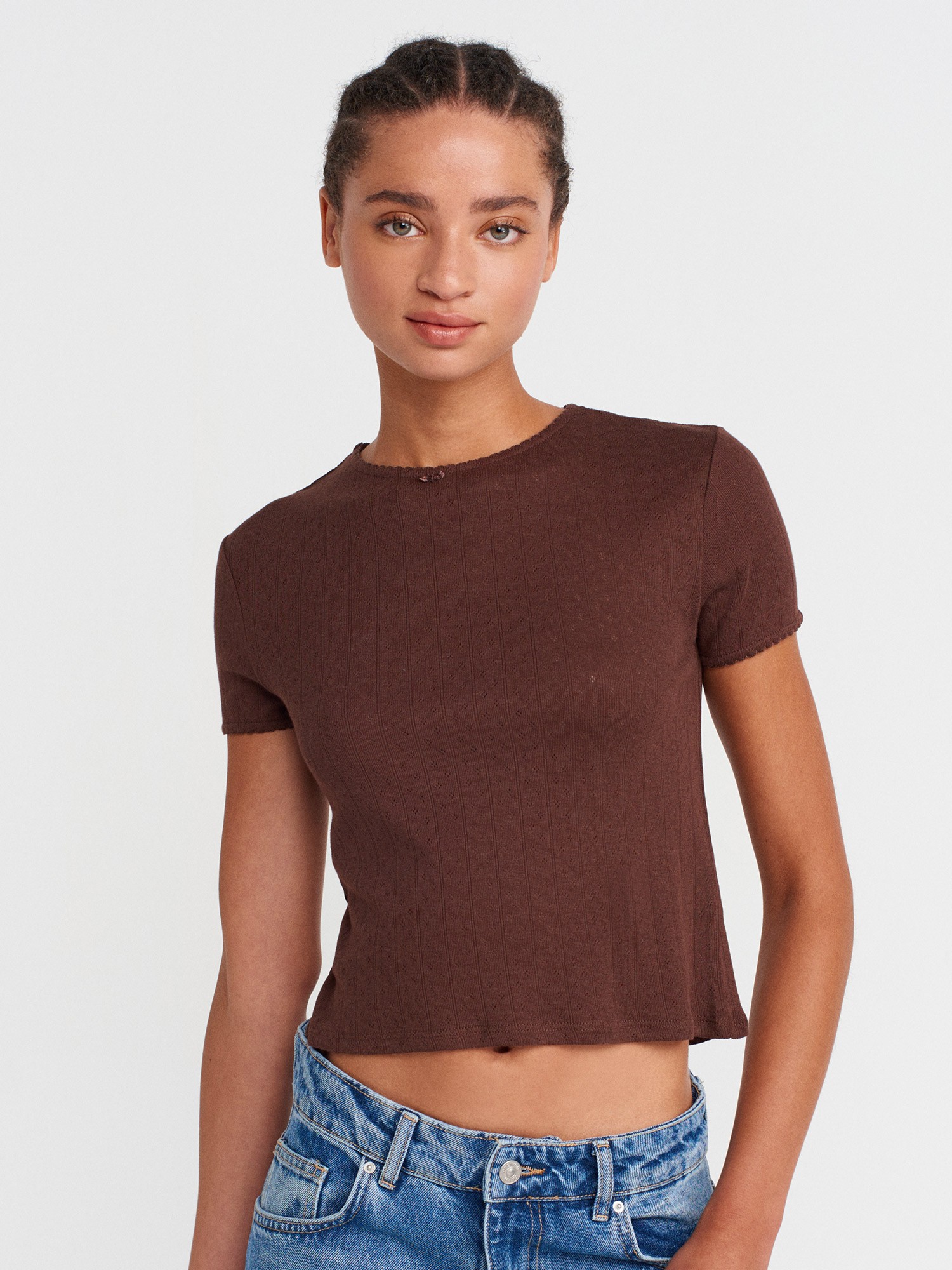 Fiyonk Detaylı Kısa Kollu Kontrast T-shirt-Açık Kahve