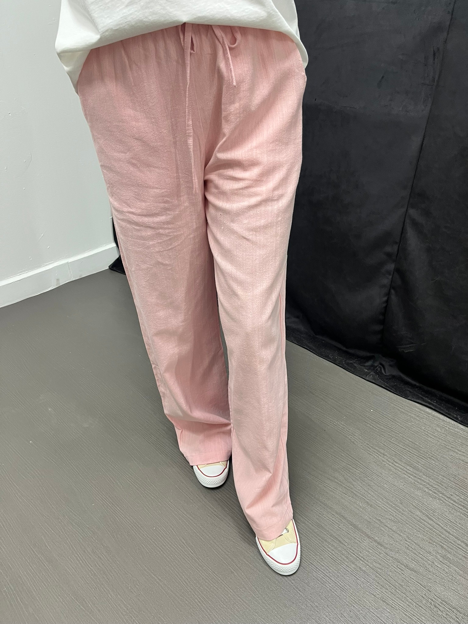 Beli Lastikli Keten Pantolon Pembe 