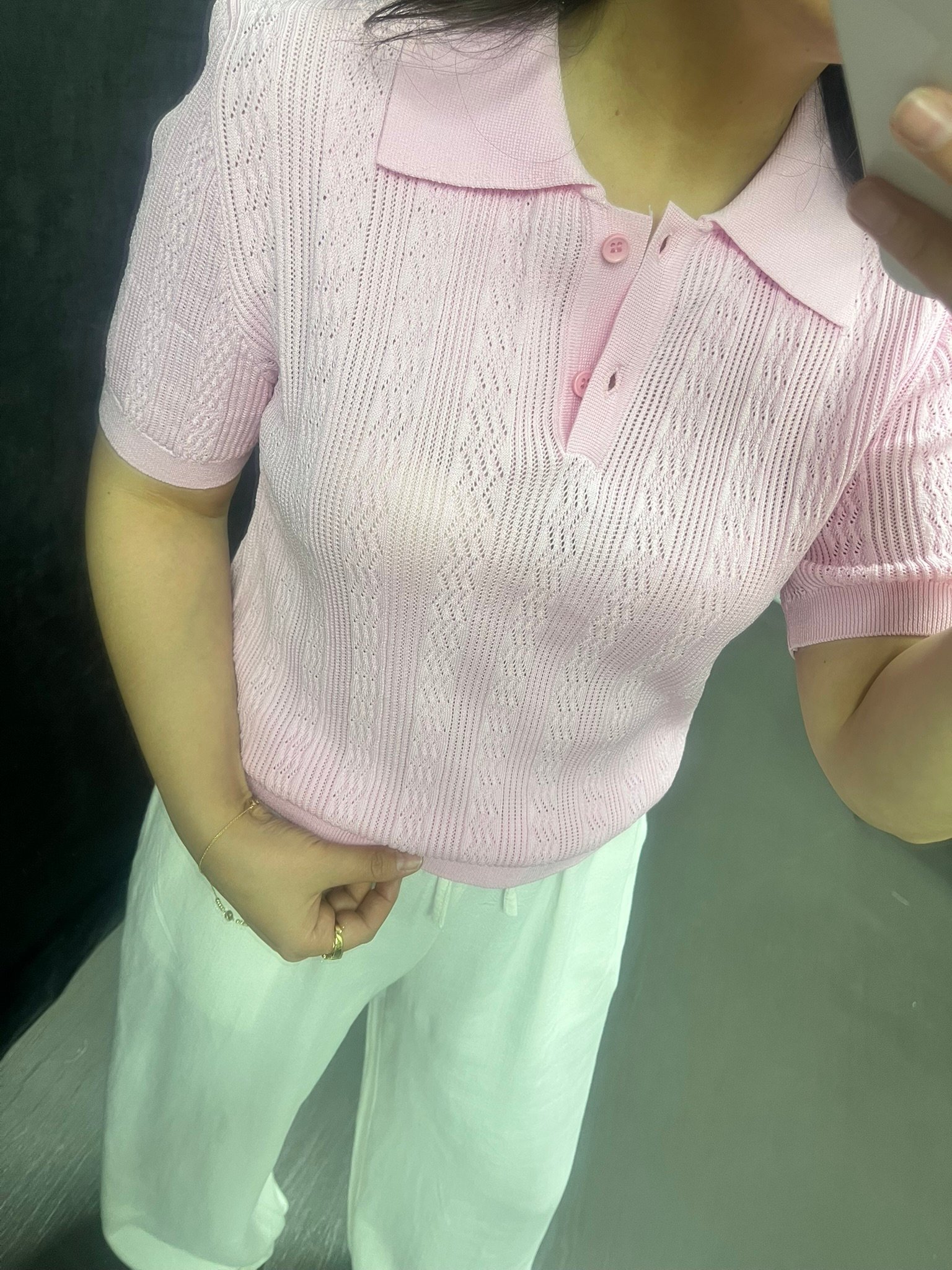 Polo Yaka Düğmeli Ajurlu Bluz Pembe