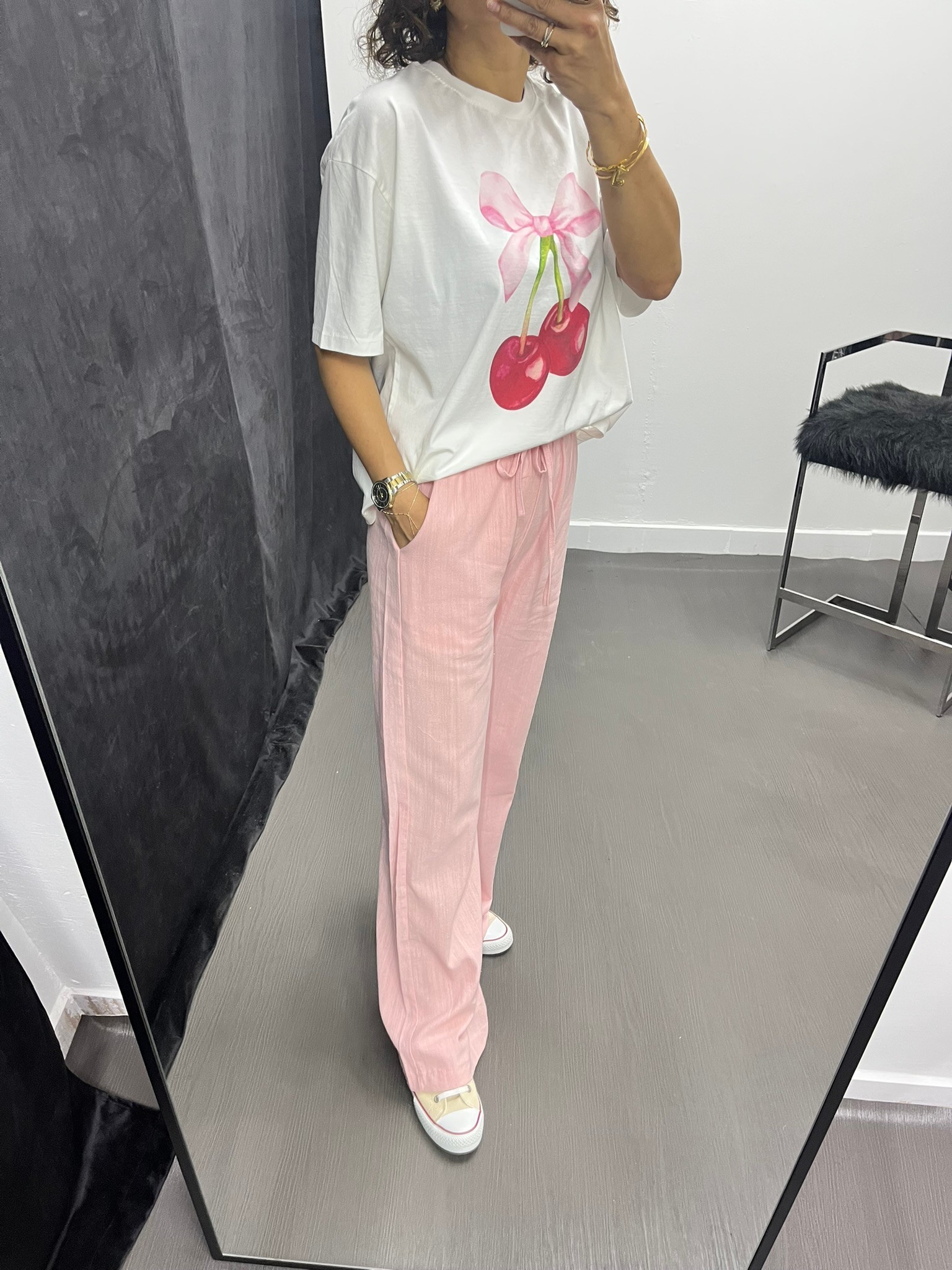 Beli Lastikli Keten Pantolon Pembe 