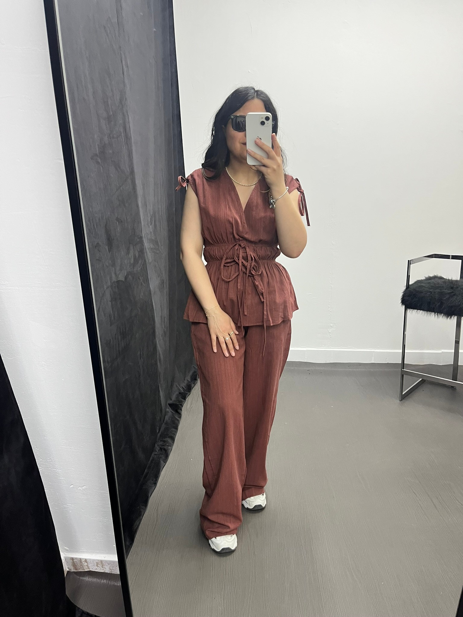 Lastik Detaylı Bluz Pantolon Takım- Kiremit