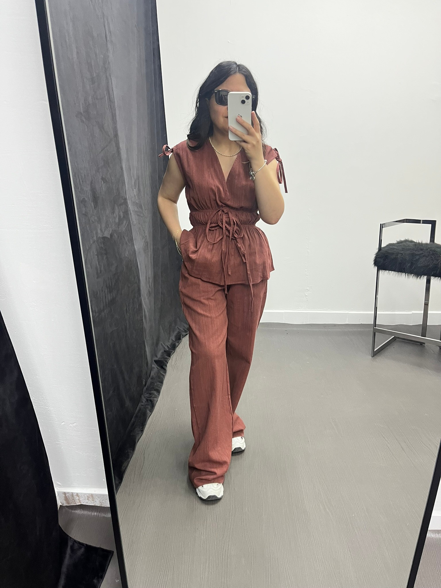 Lastik Detaylı Bluz Pantolon Takım- Kiremit