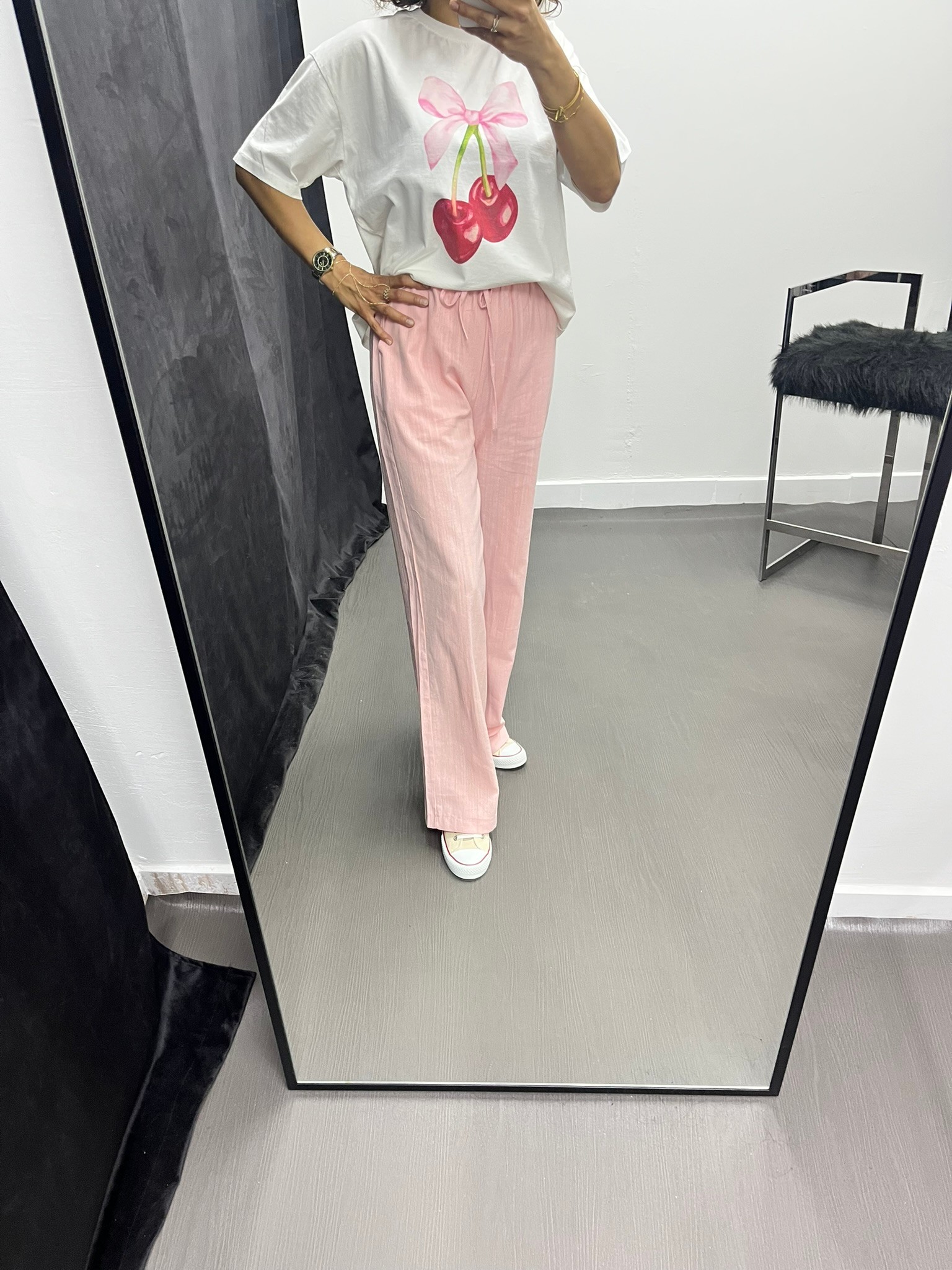 Beli Lastikli Keten Pantolon Pembe 