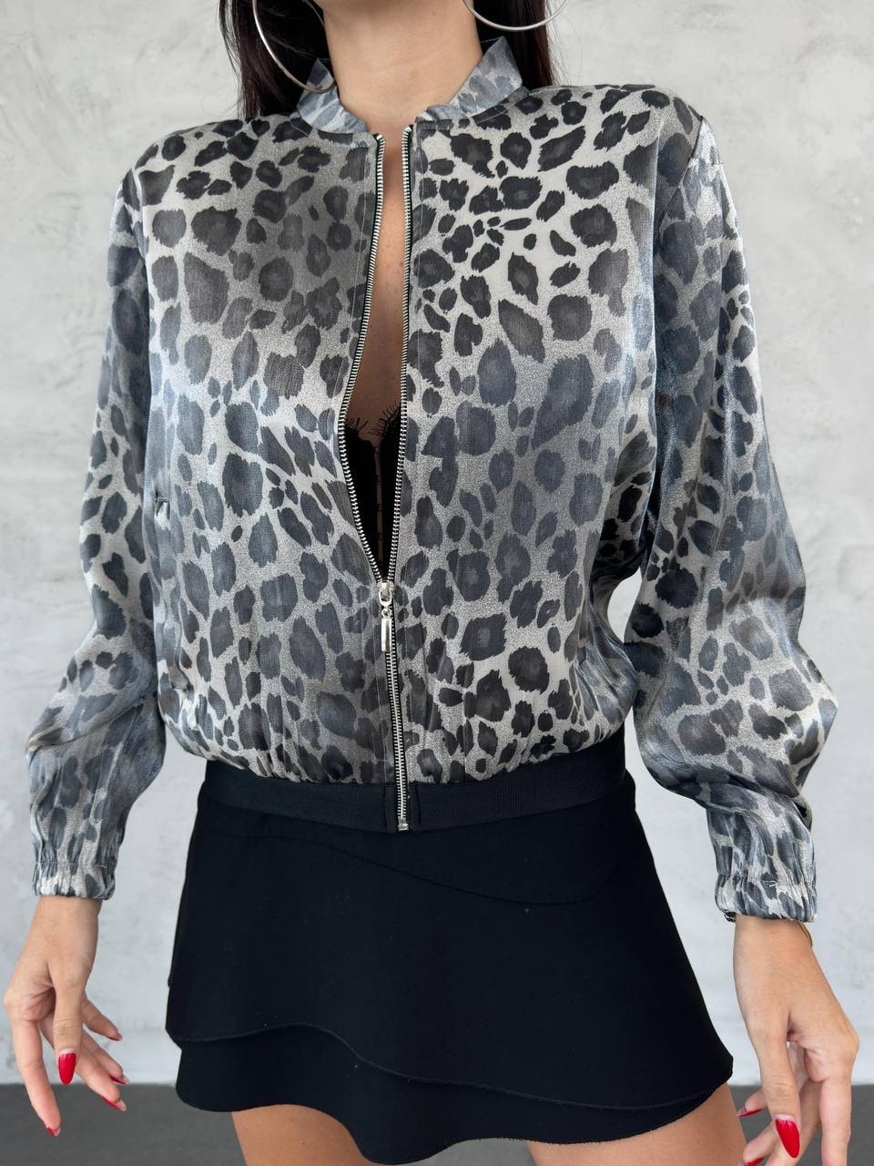 Parlak Leopar Saten Bomber Ceket