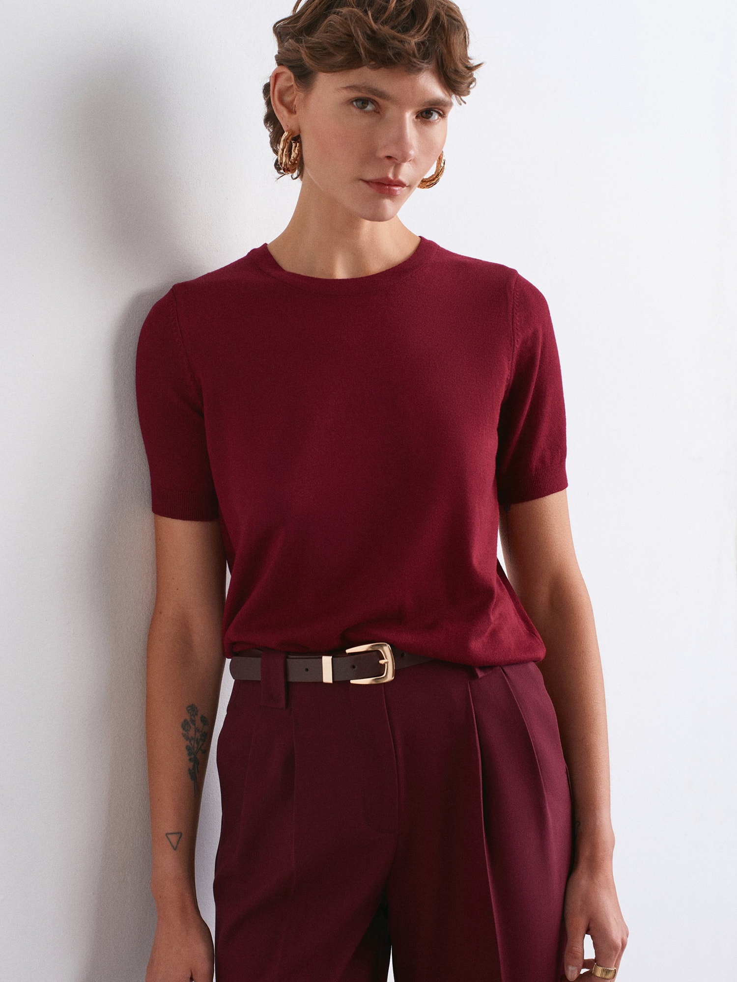 Bisiklet Yaka Kısa Kol Basic Triko Bluz Bordo