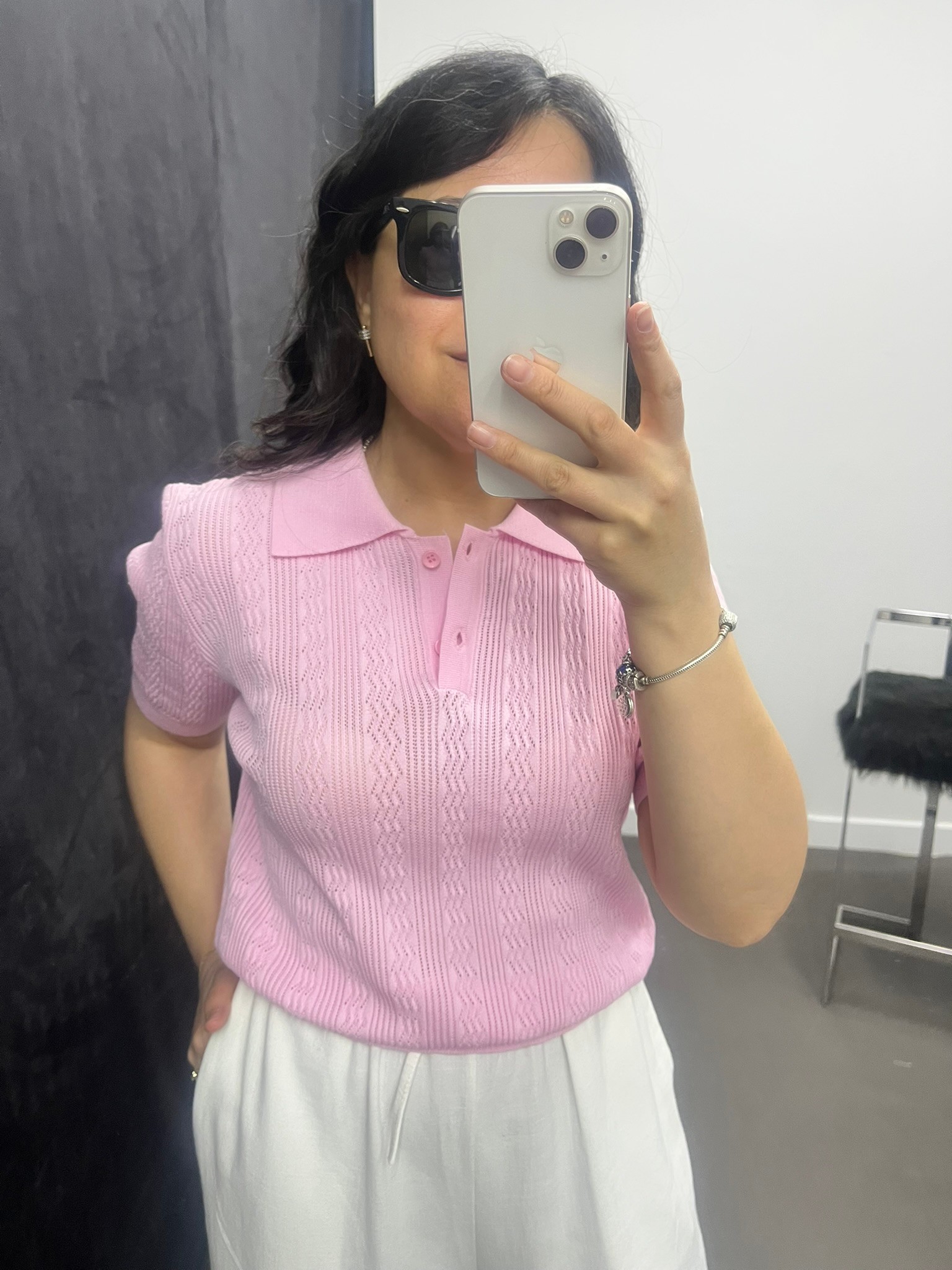 Polo Yaka Düğmeli Ajurlu Bluz Pembe