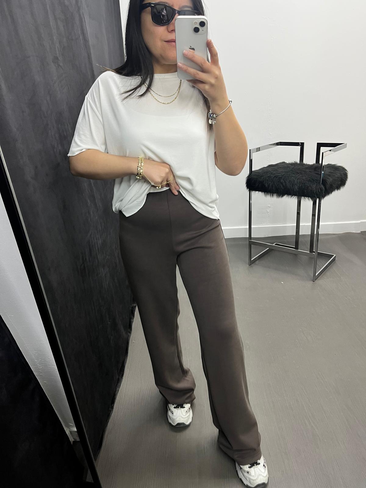 Beli Lastikli Modal Doku Bol Paça Pantolon Kahve 
