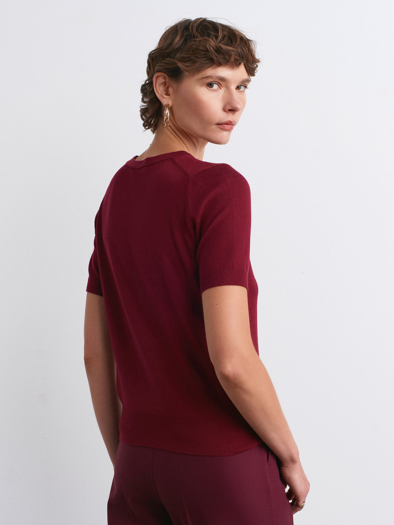 Bisiklet Yaka Kısa Kol Basic Triko Bluz Bordo