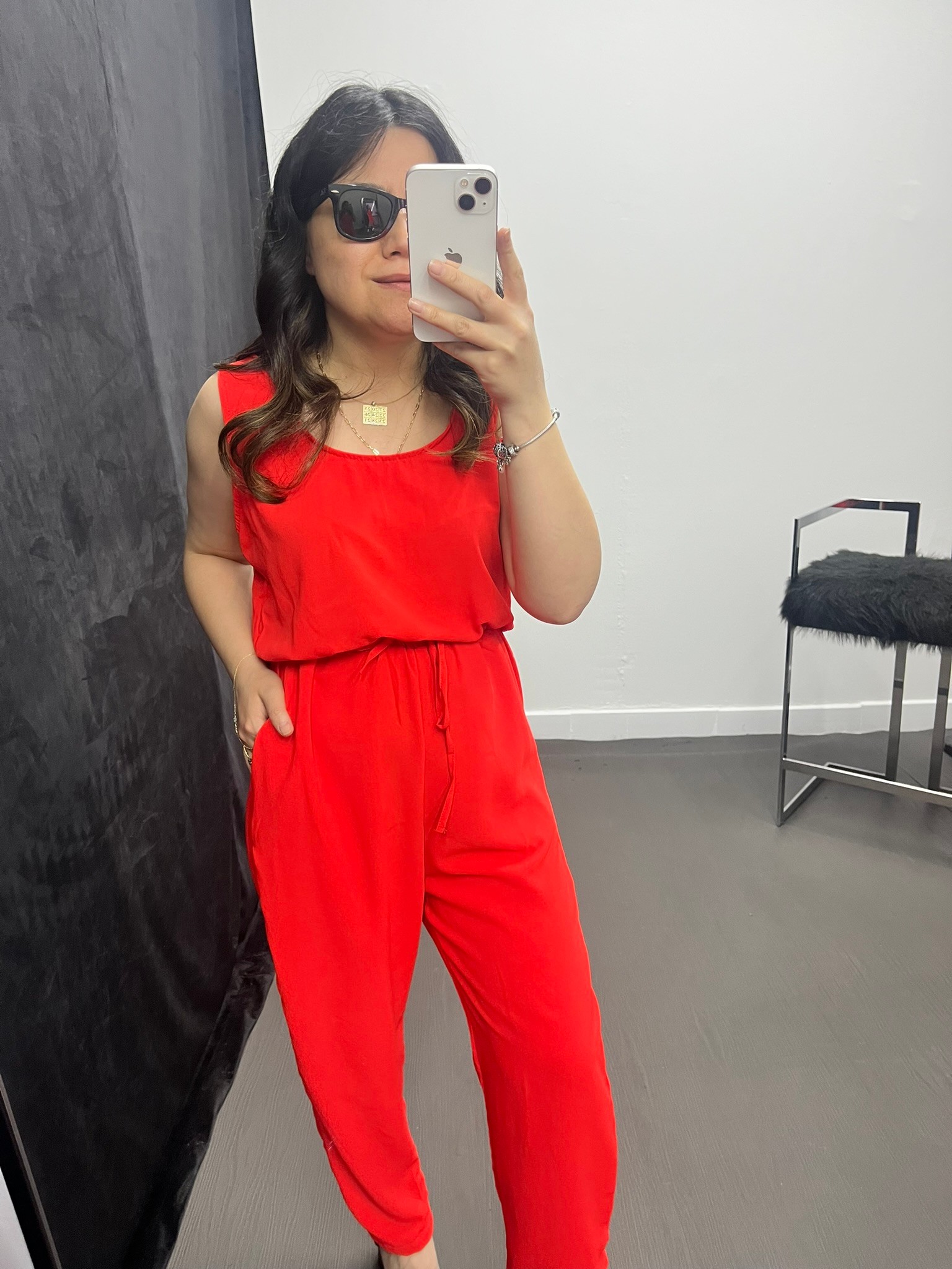 Beli Lastikli Cep Detaylı Nar Çiçeği Tulum