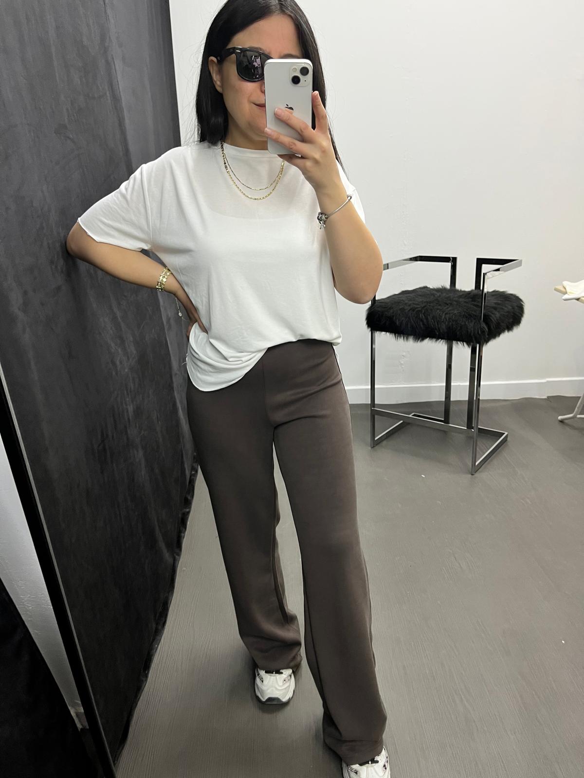 Beli Lastikli Modal Doku Bol Paça Pantolon Kahve 