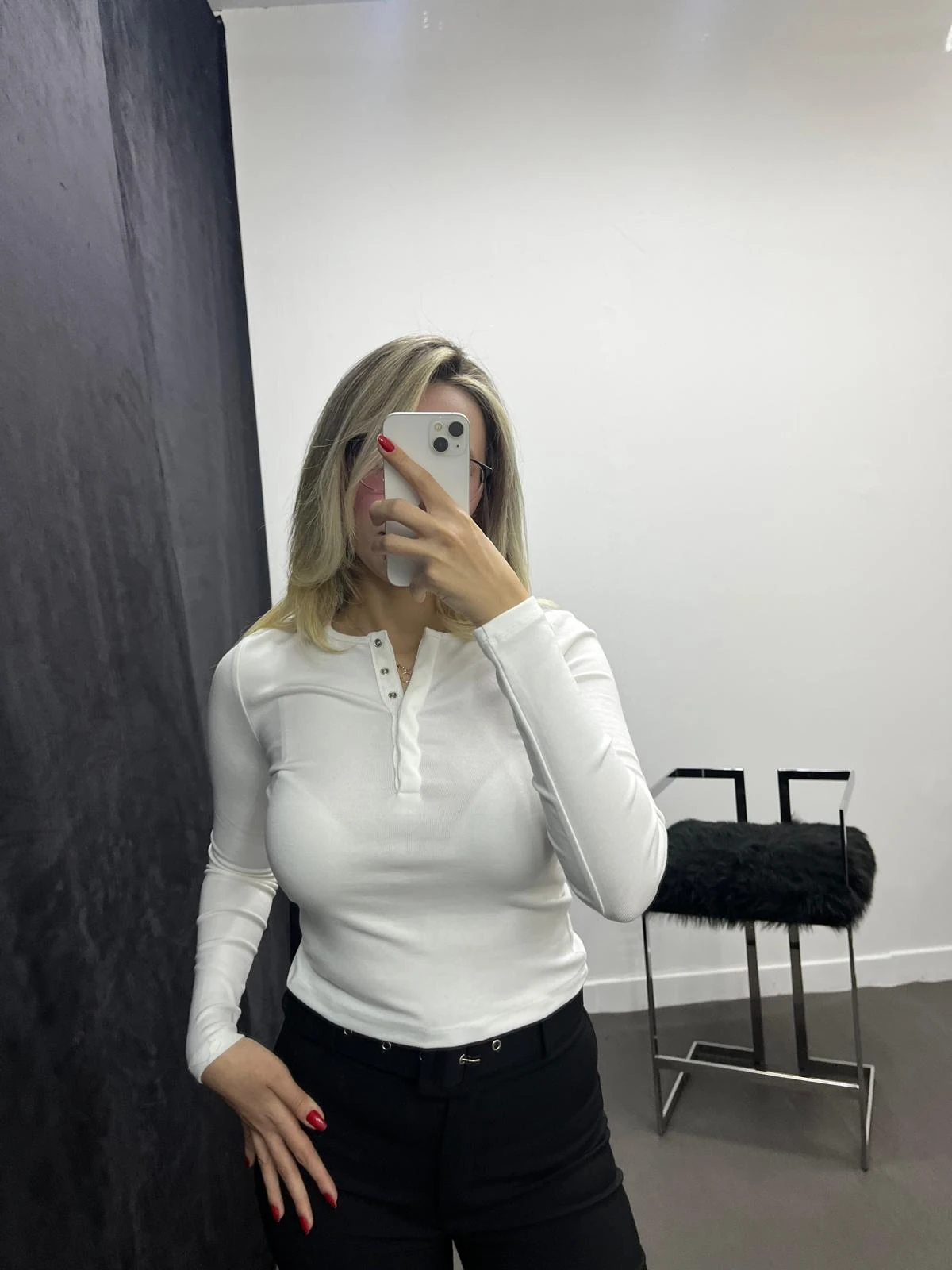 Bisiklet Yaka Çıtçıt Detaylı Uzun Kollu Basic Ekru 