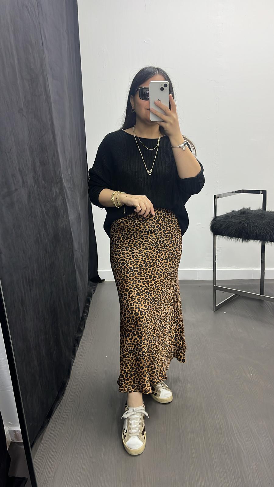 Saten Beli Lastikli Leopar Desenli Etek 
