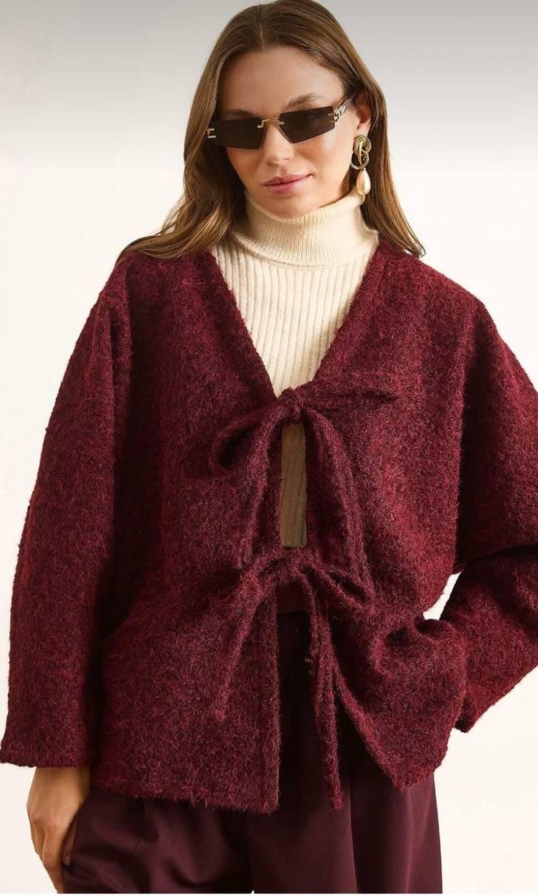 Fiyonklu Kırçıllı Oversize Ceket Bordo