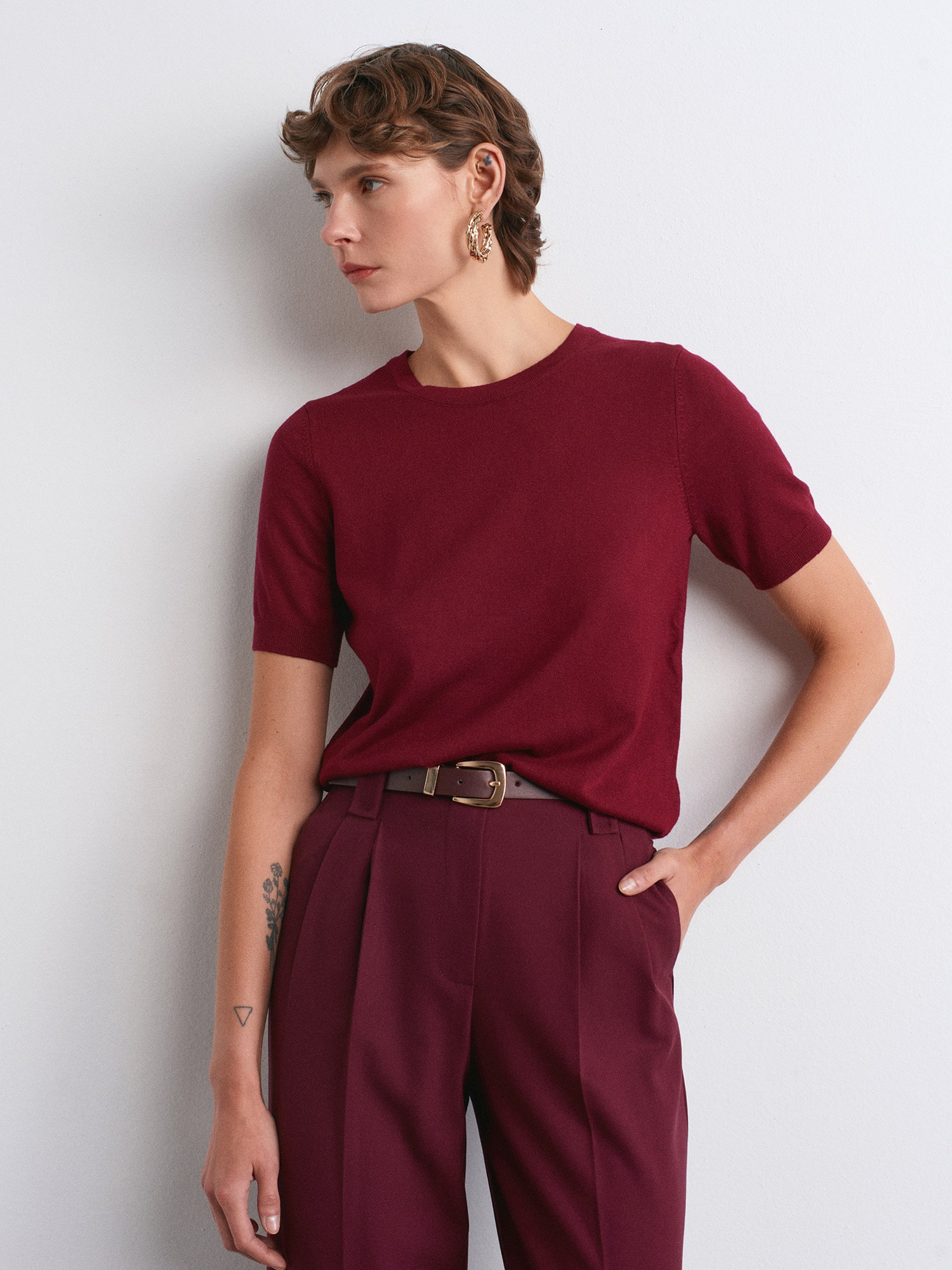 Bisiklet Yaka Kısa Kol Basic Triko Bluz Bordo