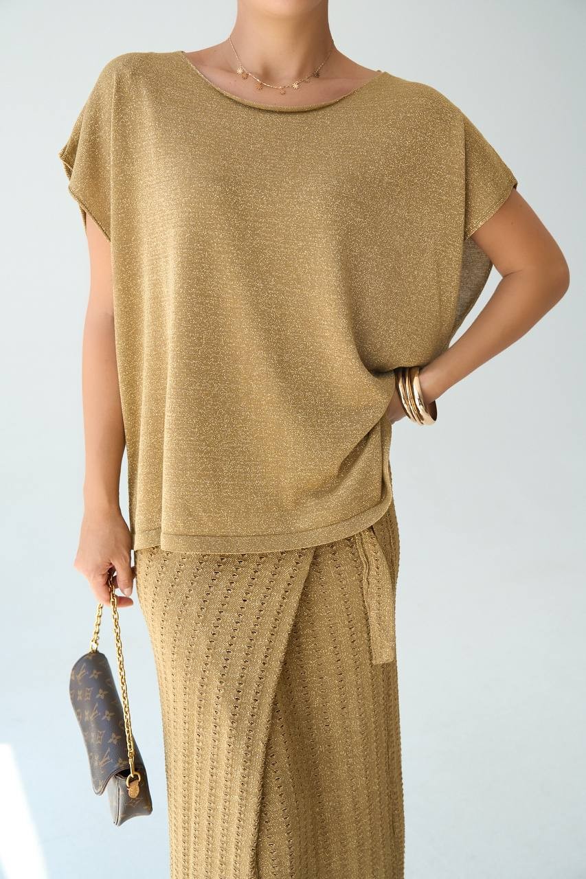 Gold Parıltılı Merserize Oversize Bluz