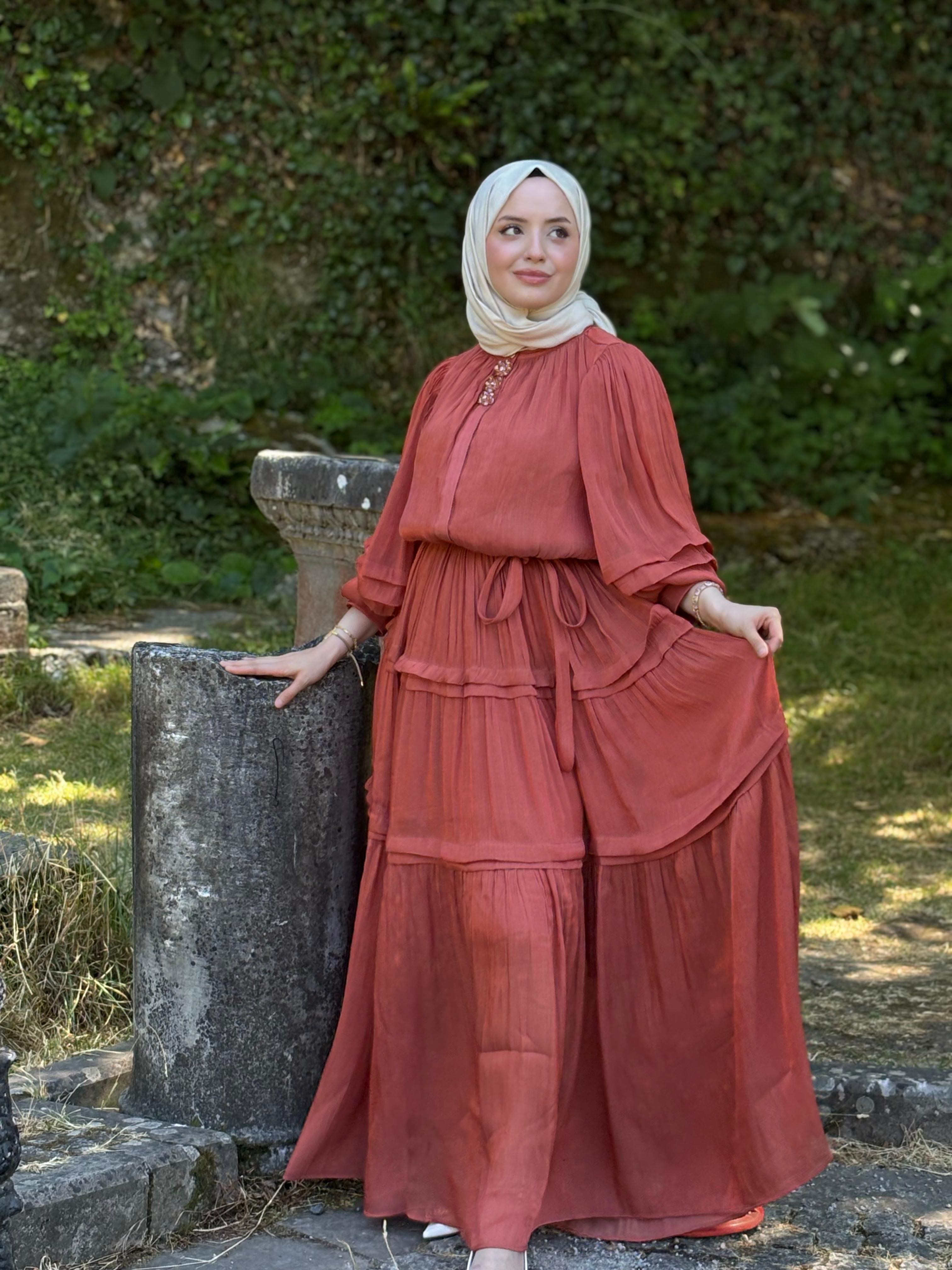 İthal M 9383 Şifon Elbise - Kiremit