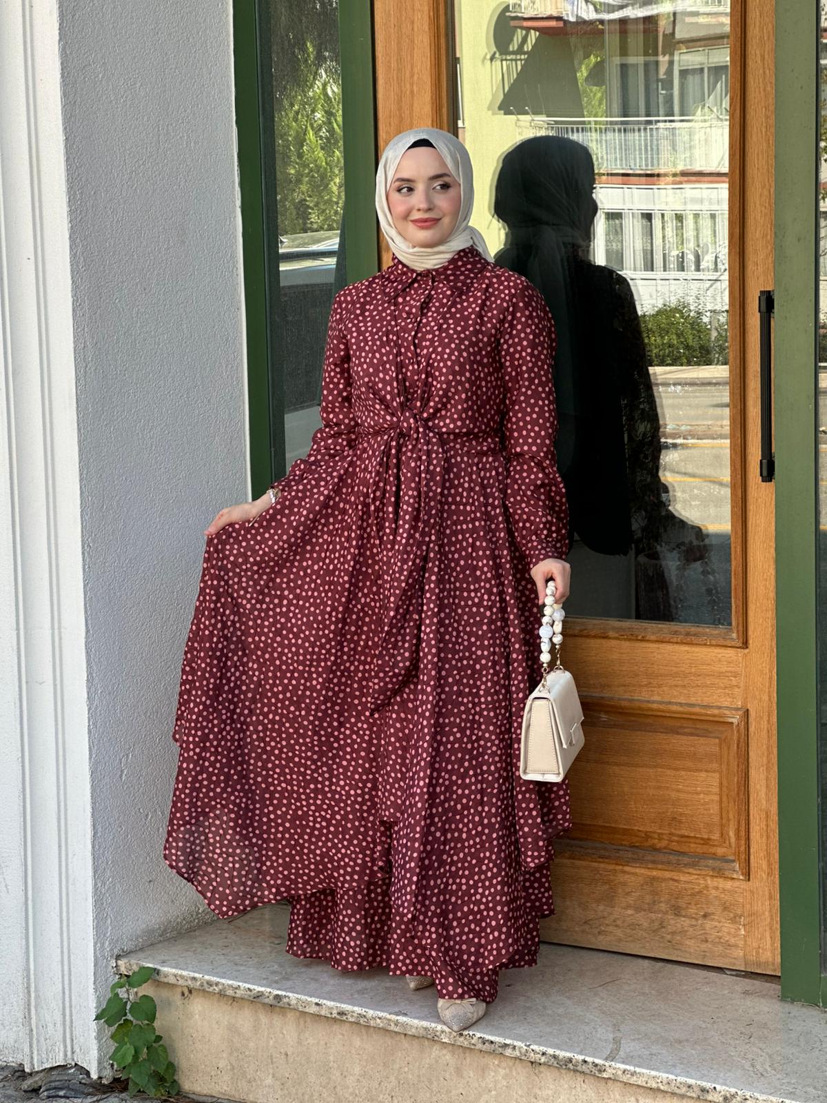 Kahma 13205 Bordo Puantiyeli Elbise