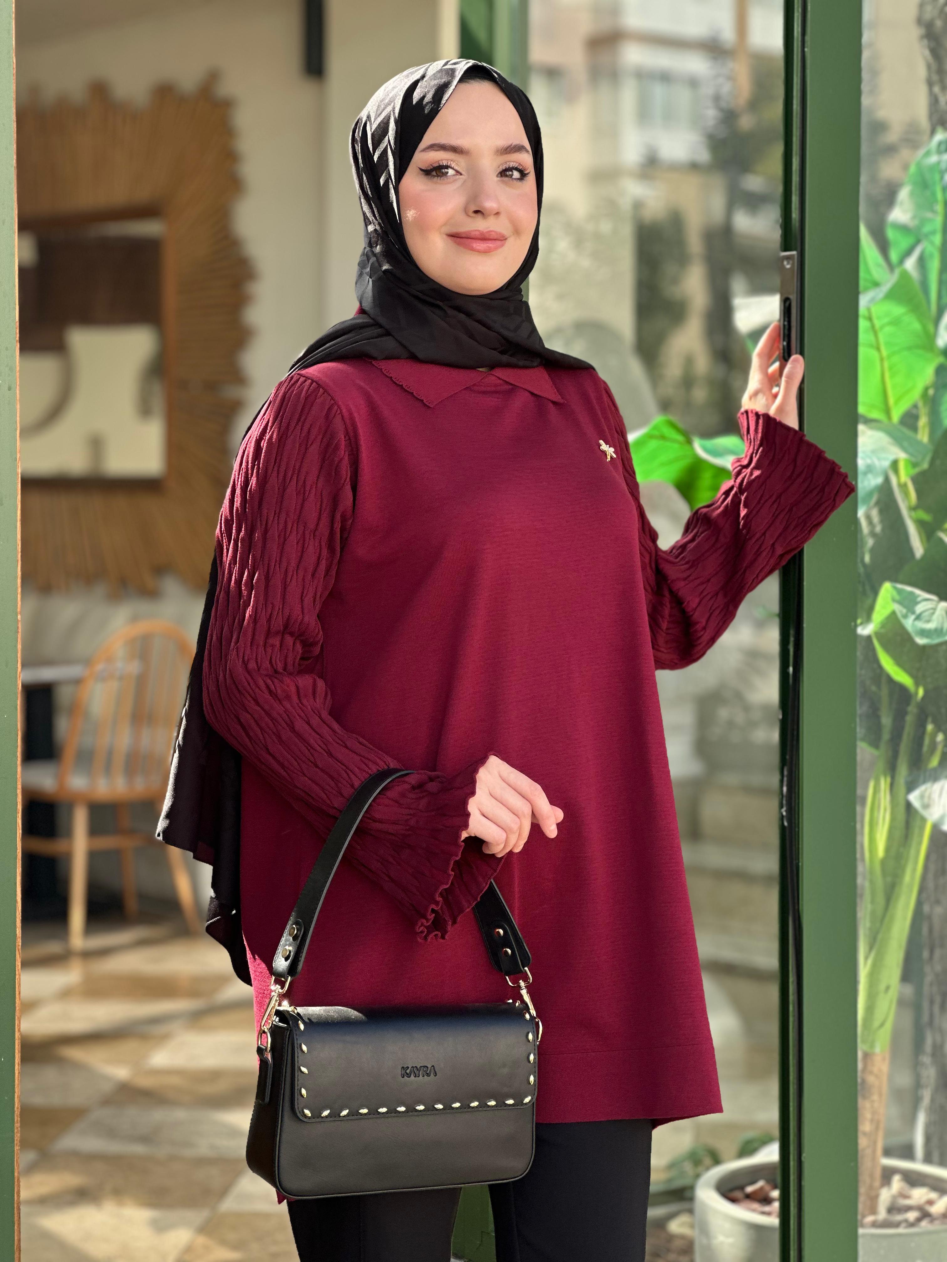 MERSERİZE 274 YUSUFÇUK KOLU DETAY TUNİK SİYAH - Bordo