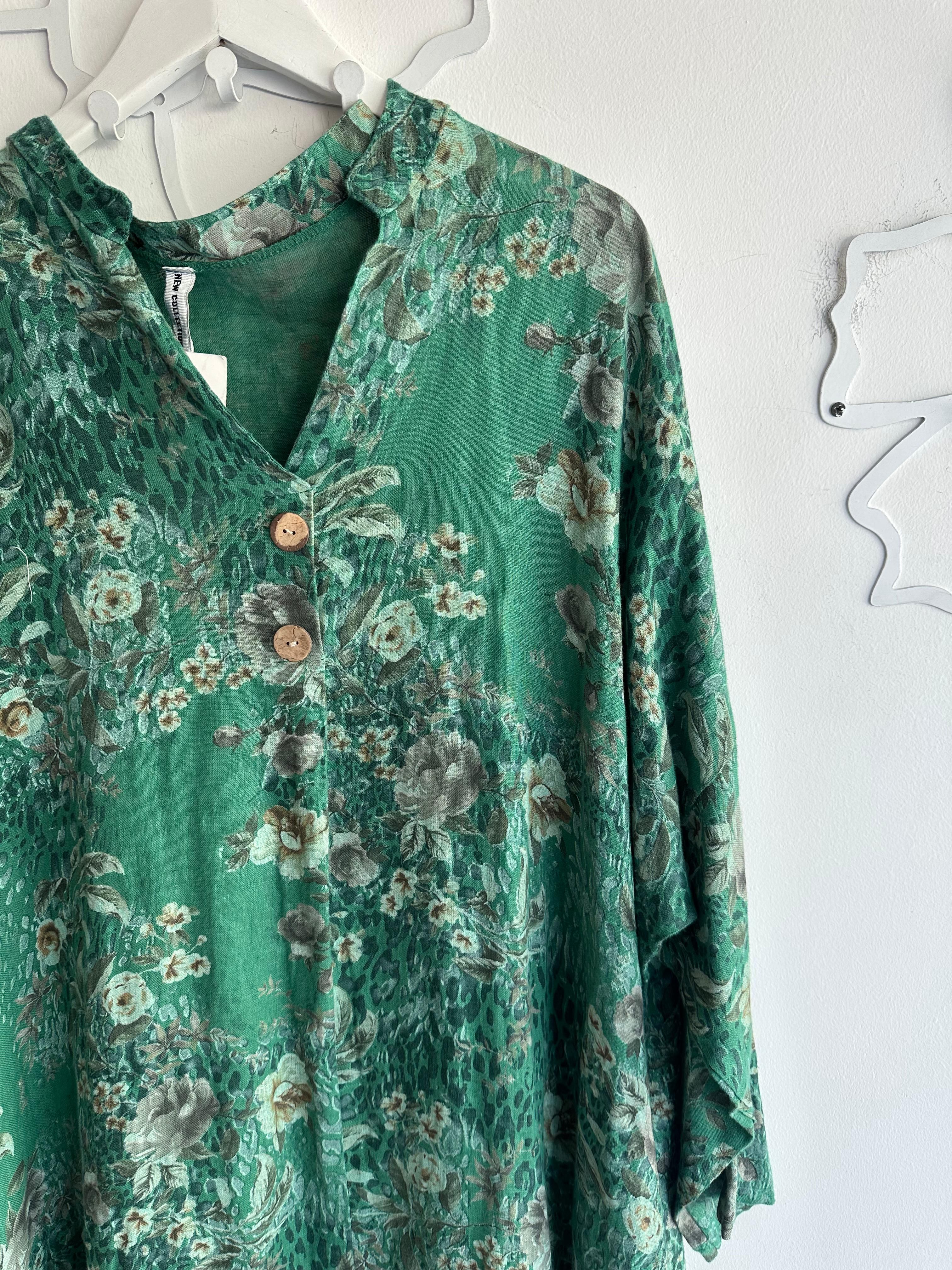 İthal Oversize Keten Elbise Gül Desen