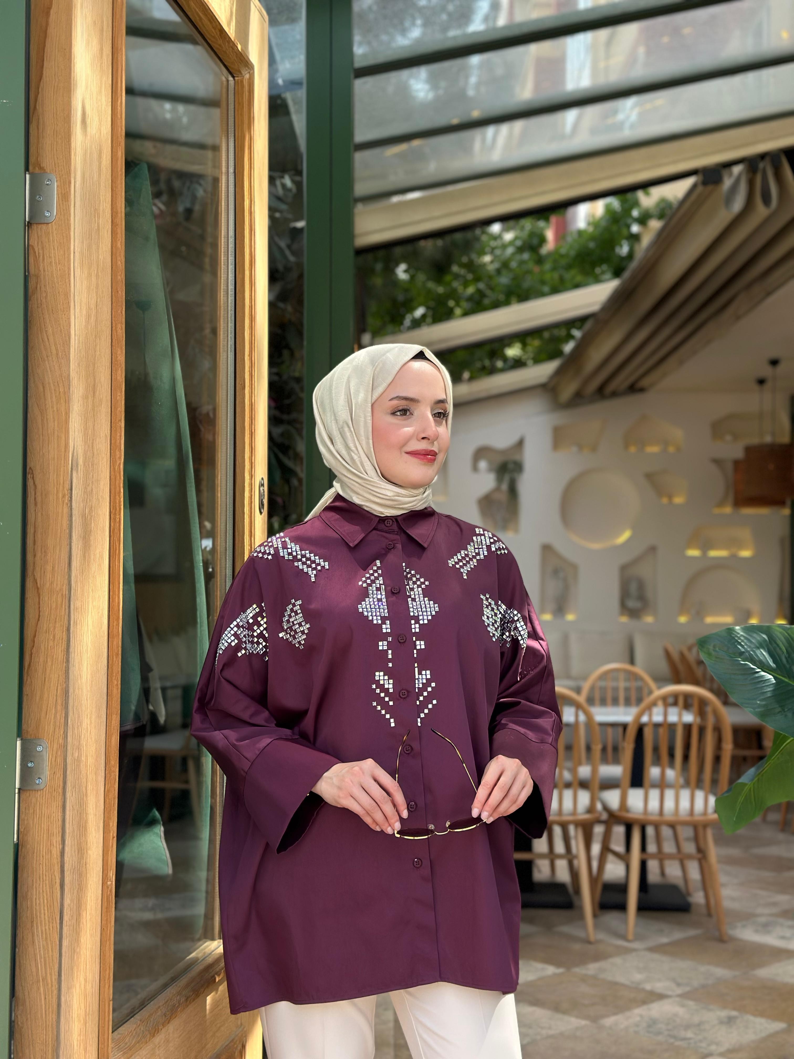 Ghisa 4848 Taş İşlemeli Gömlek - Mürdüm