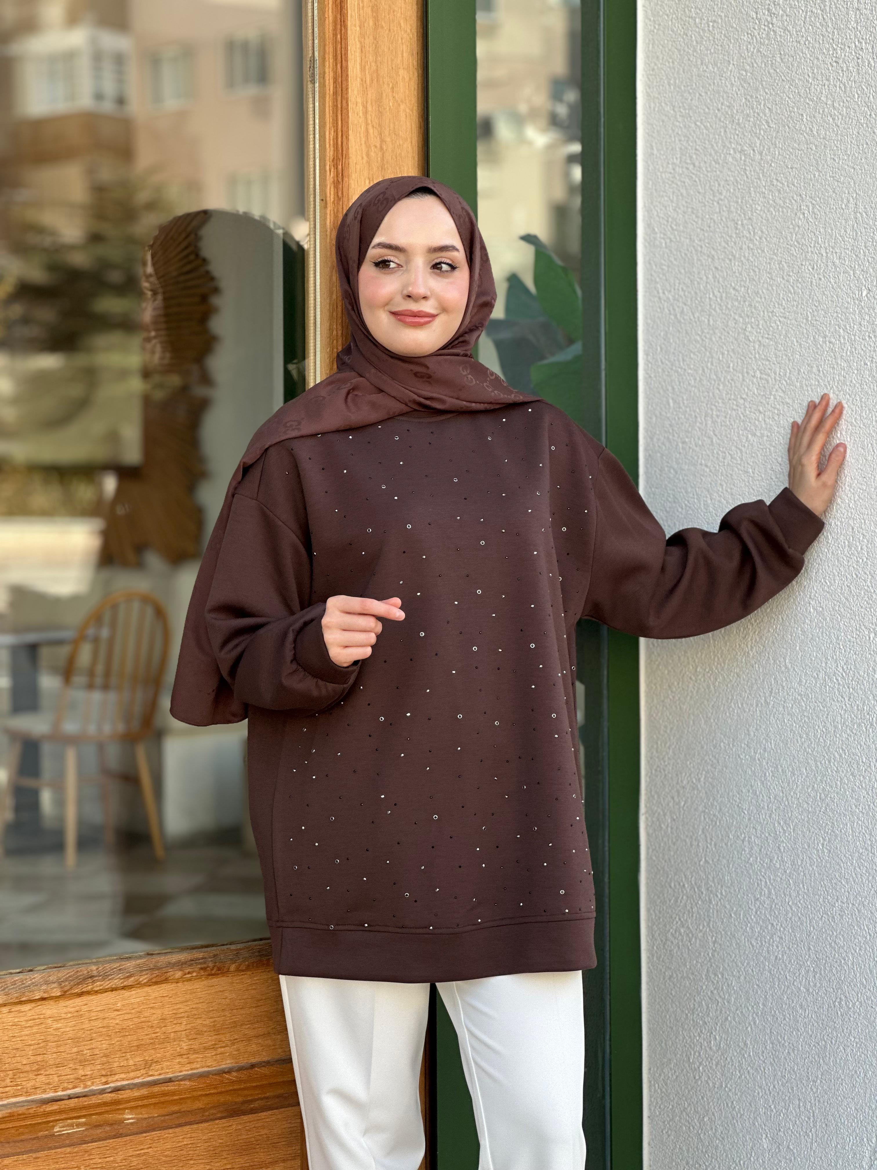 İkoll 16947 Serpme Taş Sweat - Kahverengi