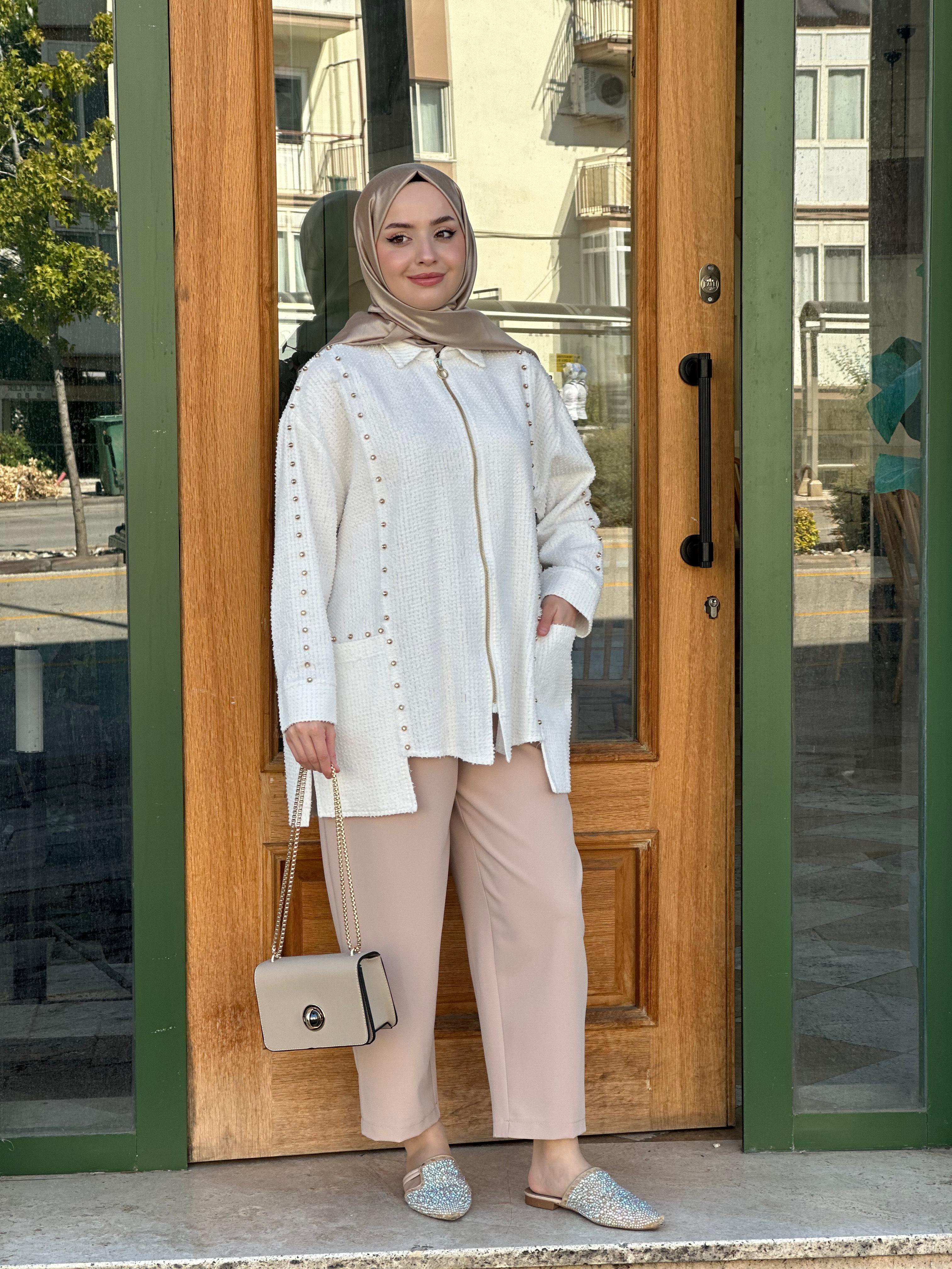 Ghisa 3149 Zımba Detaylı Kot Ceket - Ekru