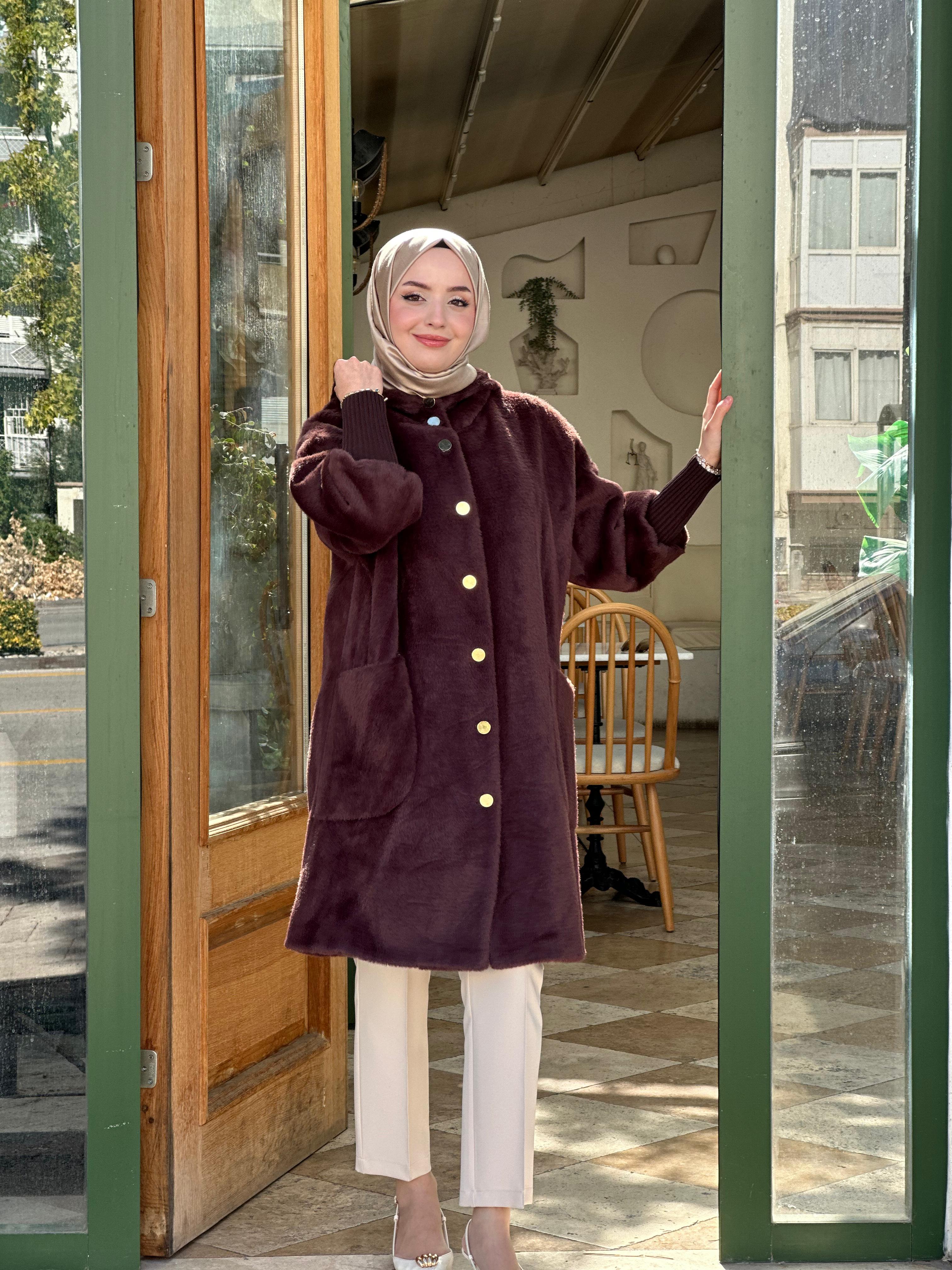Marcha 10838 Çıtçıtlı Kısa Angora Kaban  - Kahverengi