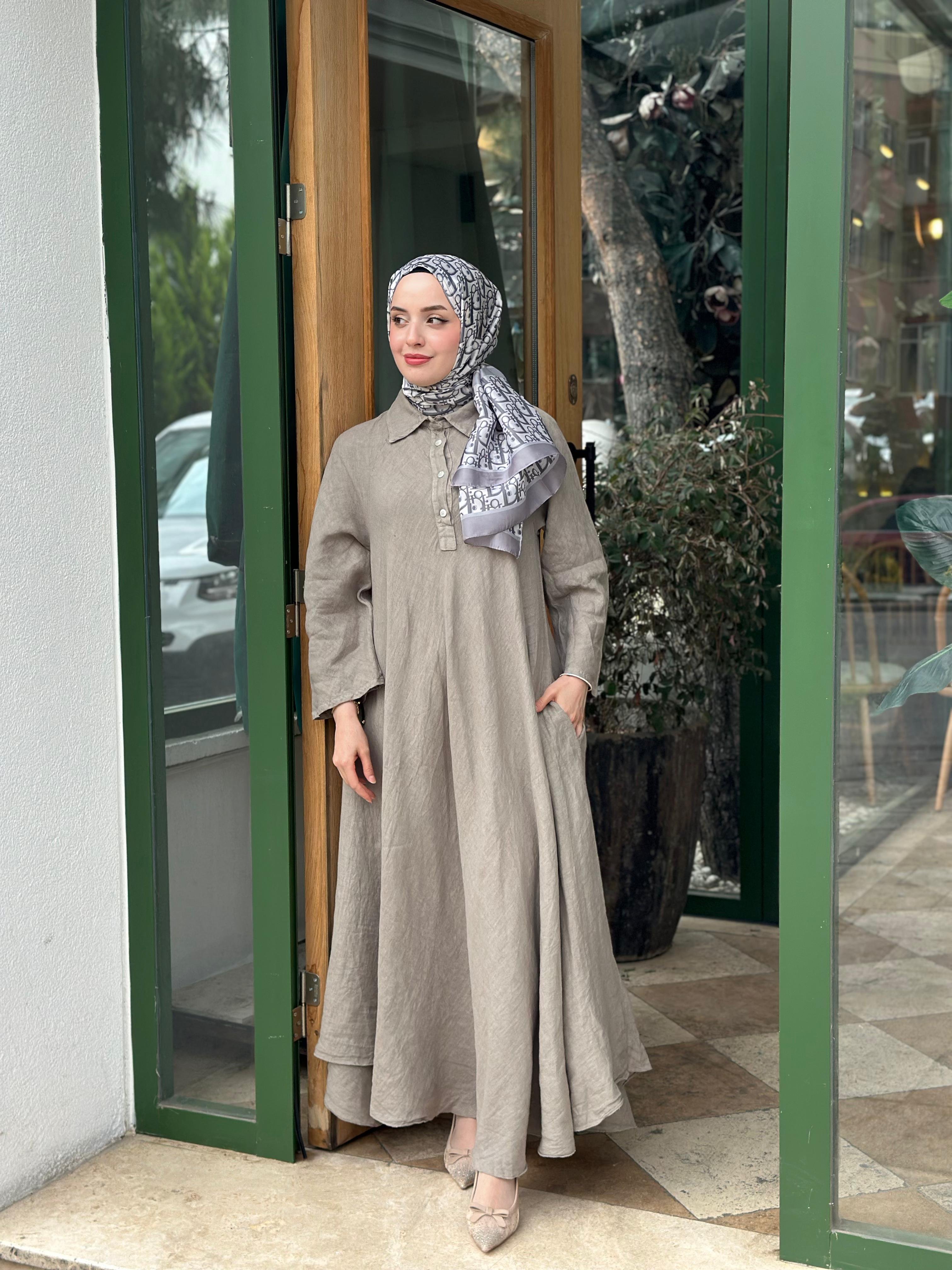 İthal C Düz Keten Elbise