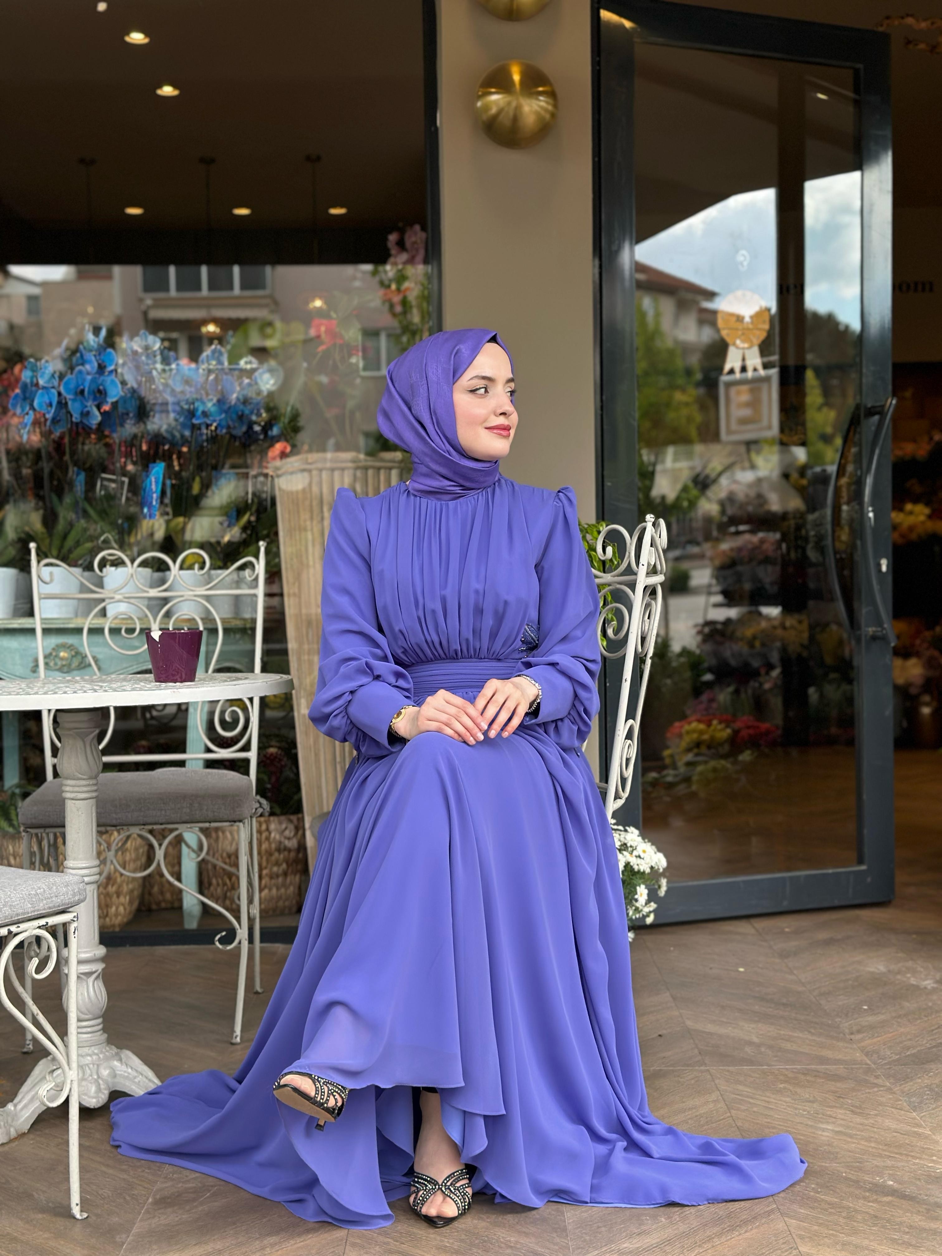 Jamila Sarah Abiye 3026 Önü Büzgülü Balon Kol Şifon Abiye